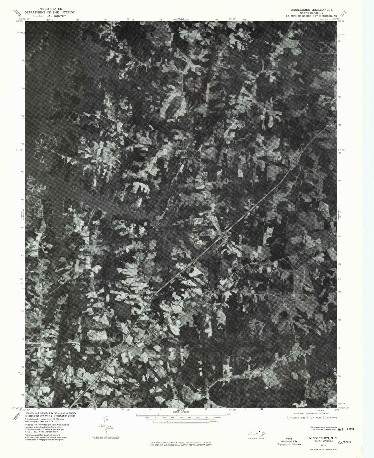 Classic USGS Middleburg North Carolina 7.5'x7.5' Topo Map Image