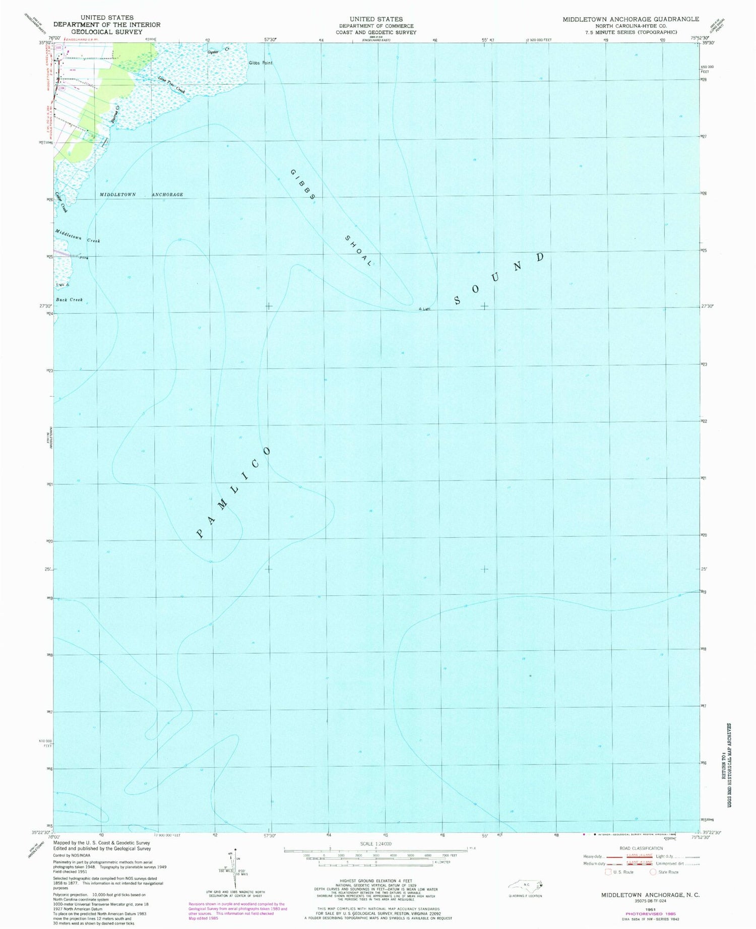 Classic USGS Middletown Anchorage North Carolina 7.5'x7.5' Topo Map Image
