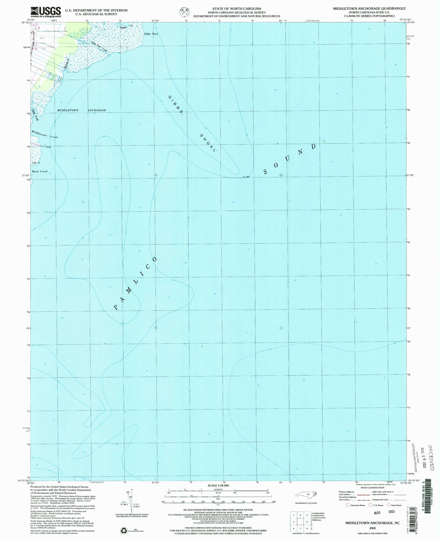 Classic USGS Middletown Anchorage North Carolina 7.5'x7.5' Topo Map Image