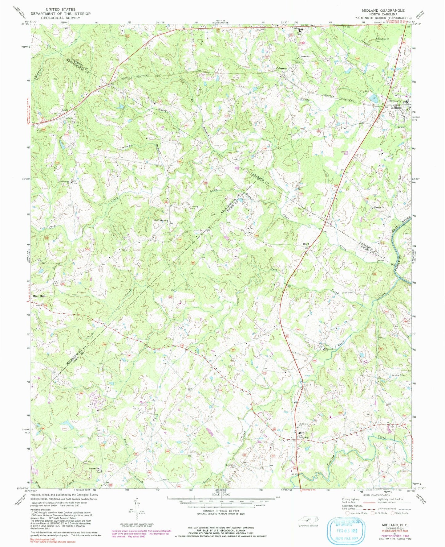 Classic USGS Midland North Carolina 7.5'x7.5' Topo Map Image
