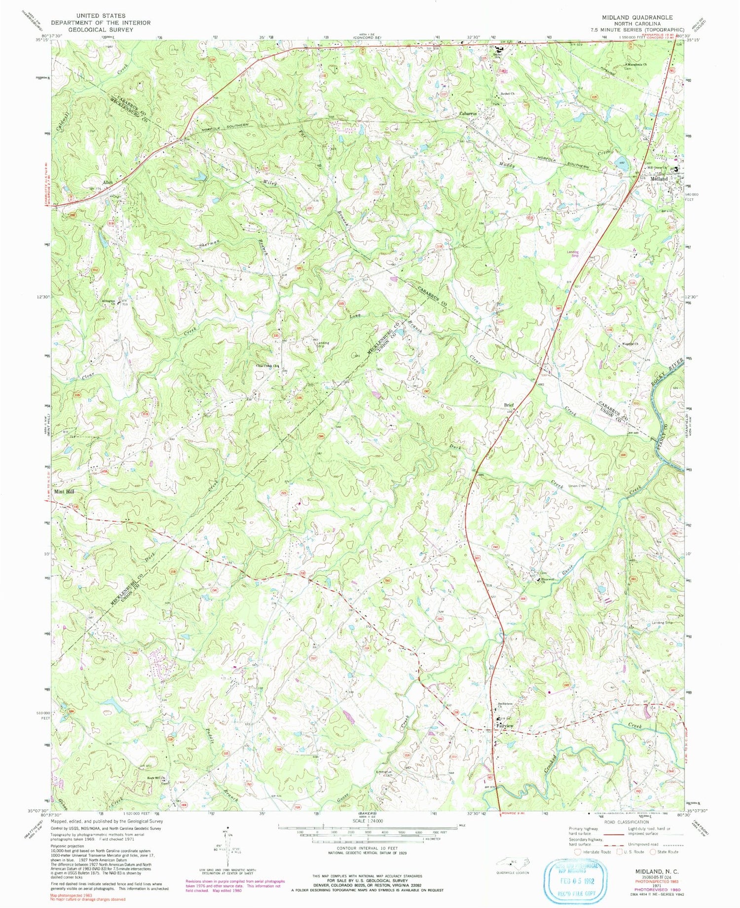Classic USGS Midland North Carolina 7.5'x7.5' Topo Map Image