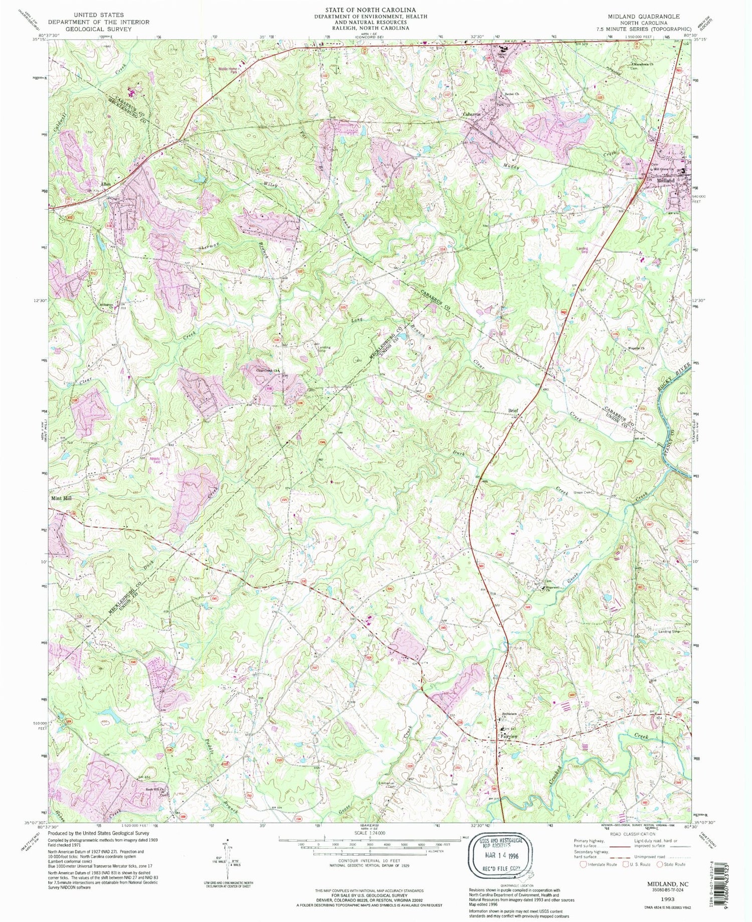 Classic USGS Midland North Carolina 7.5'x7.5' Topo Map Image