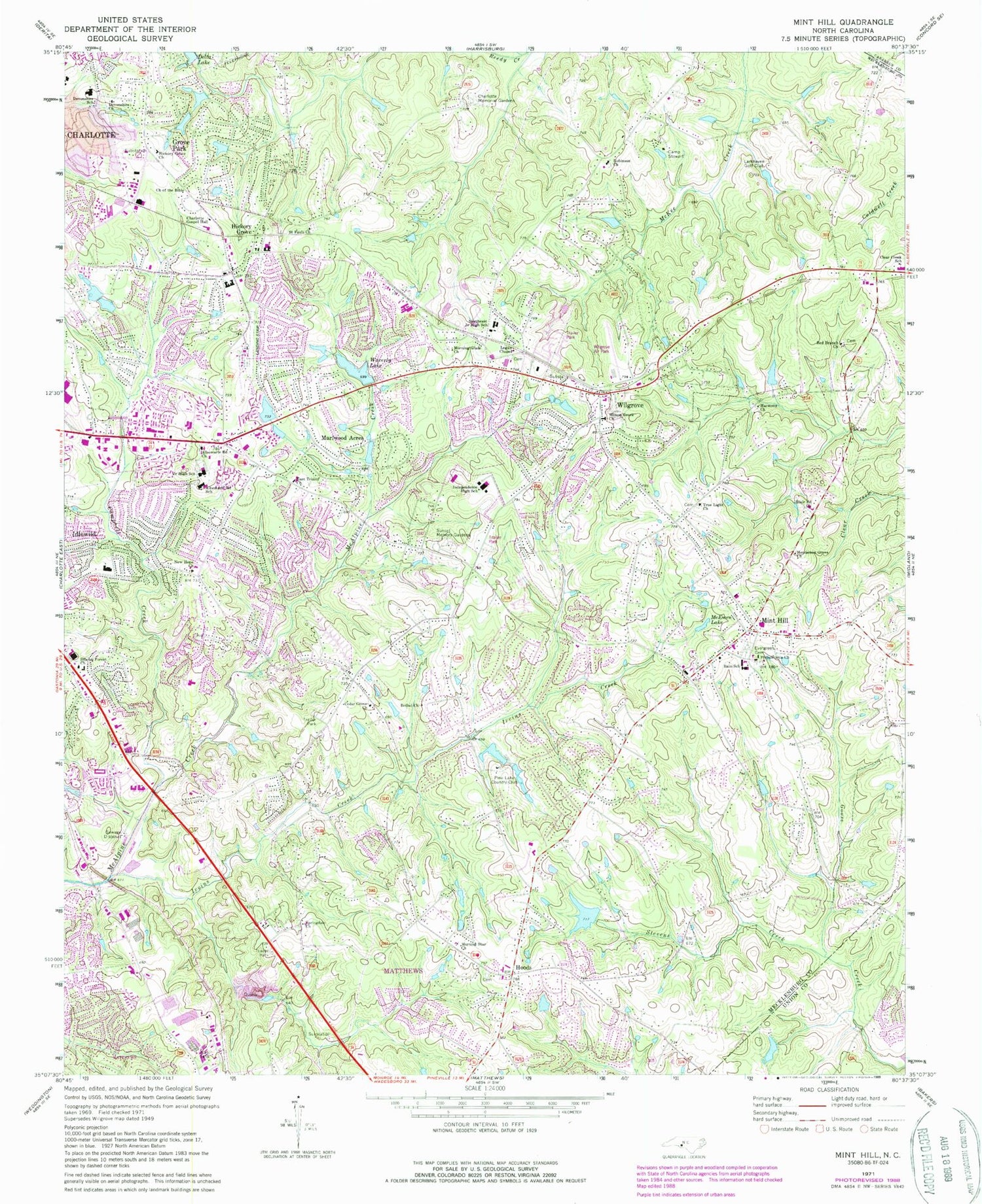 Classic USGS Mint Hill North Carolina 7.5'x7.5' Topo Map Image