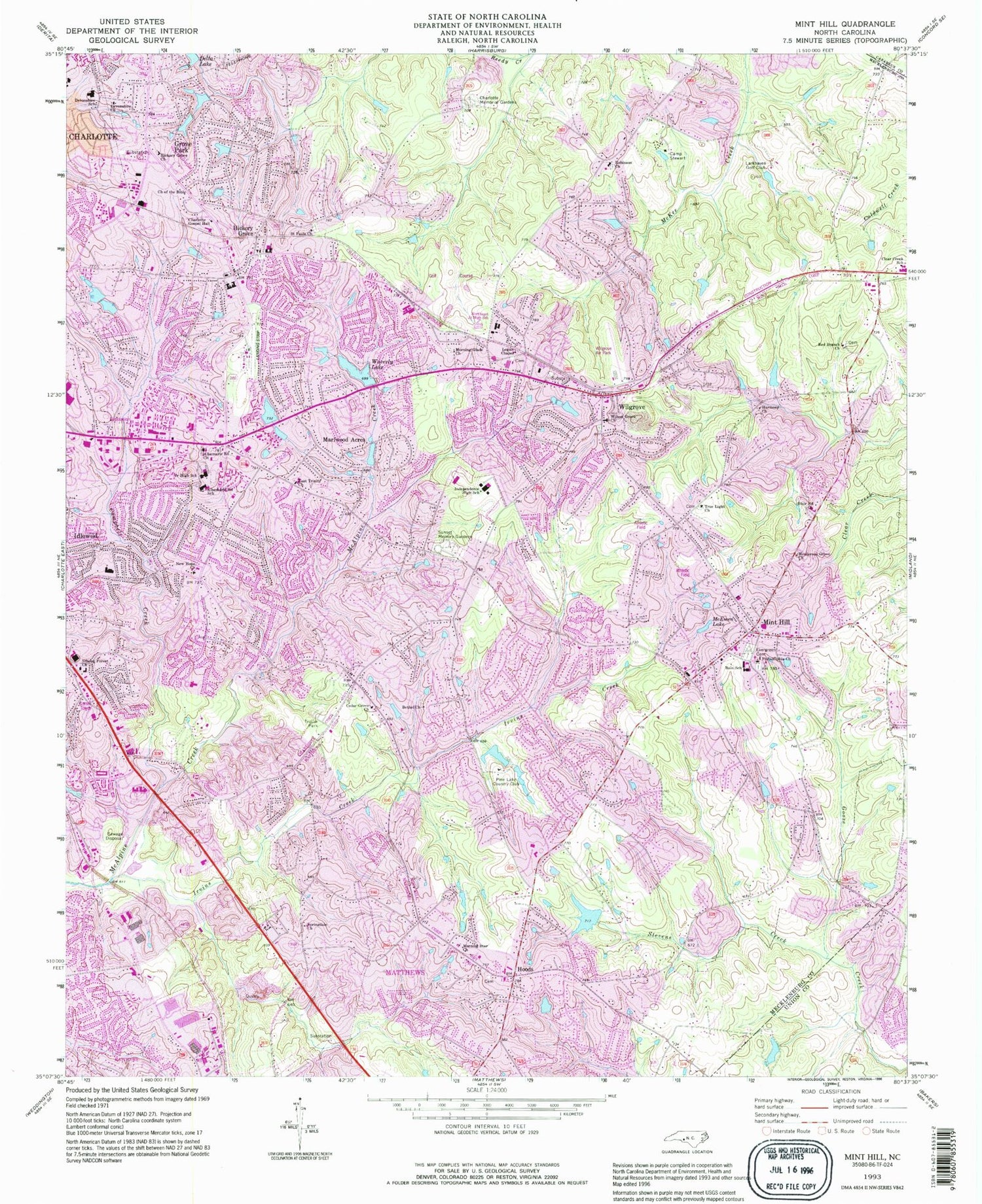 Classic USGS Mint Hill North Carolina 7.5'x7.5' Topo Map Image