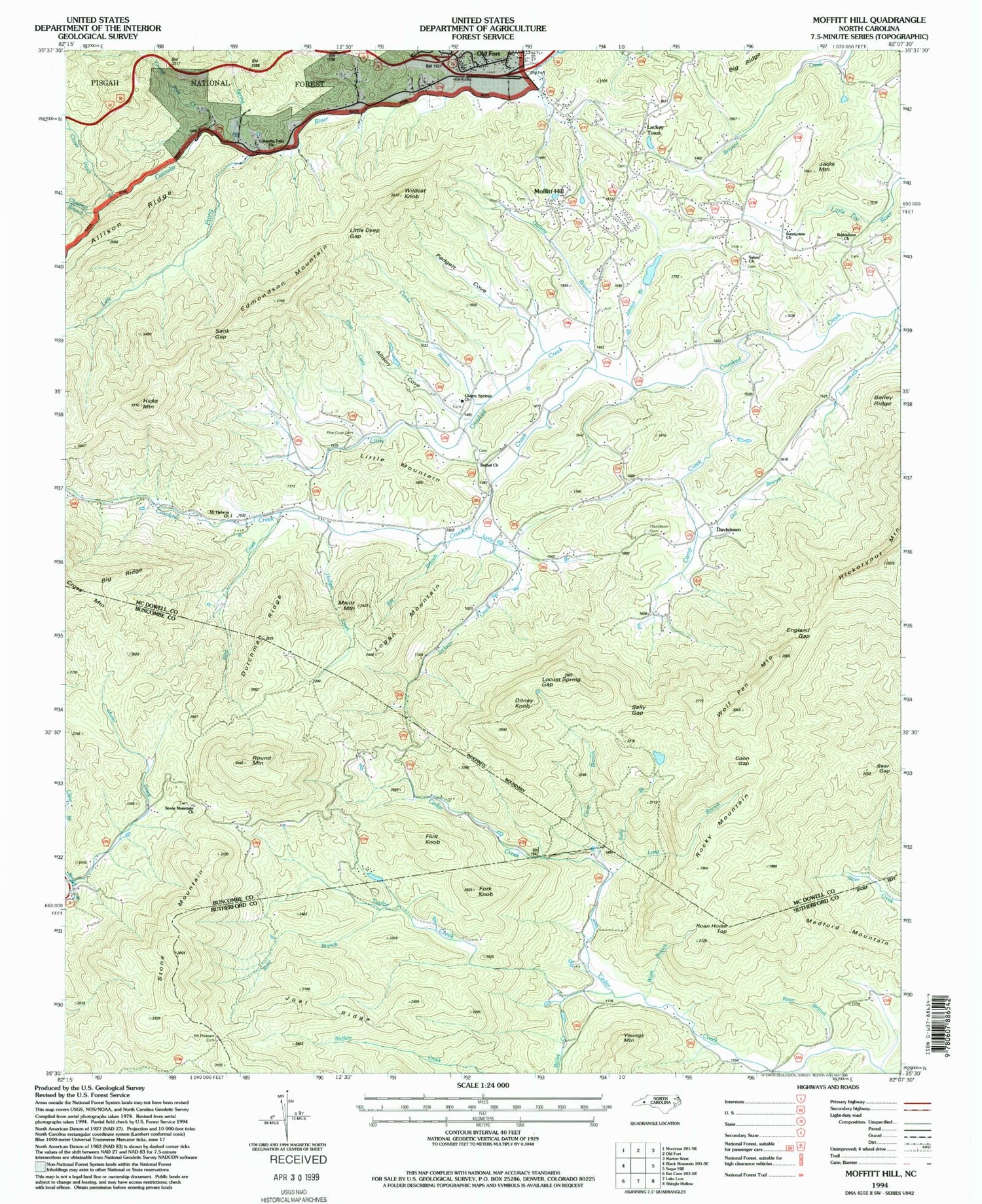 Classic USGS Moffitt Hill North Carolina 7.5'x7.5' Topo Map Image