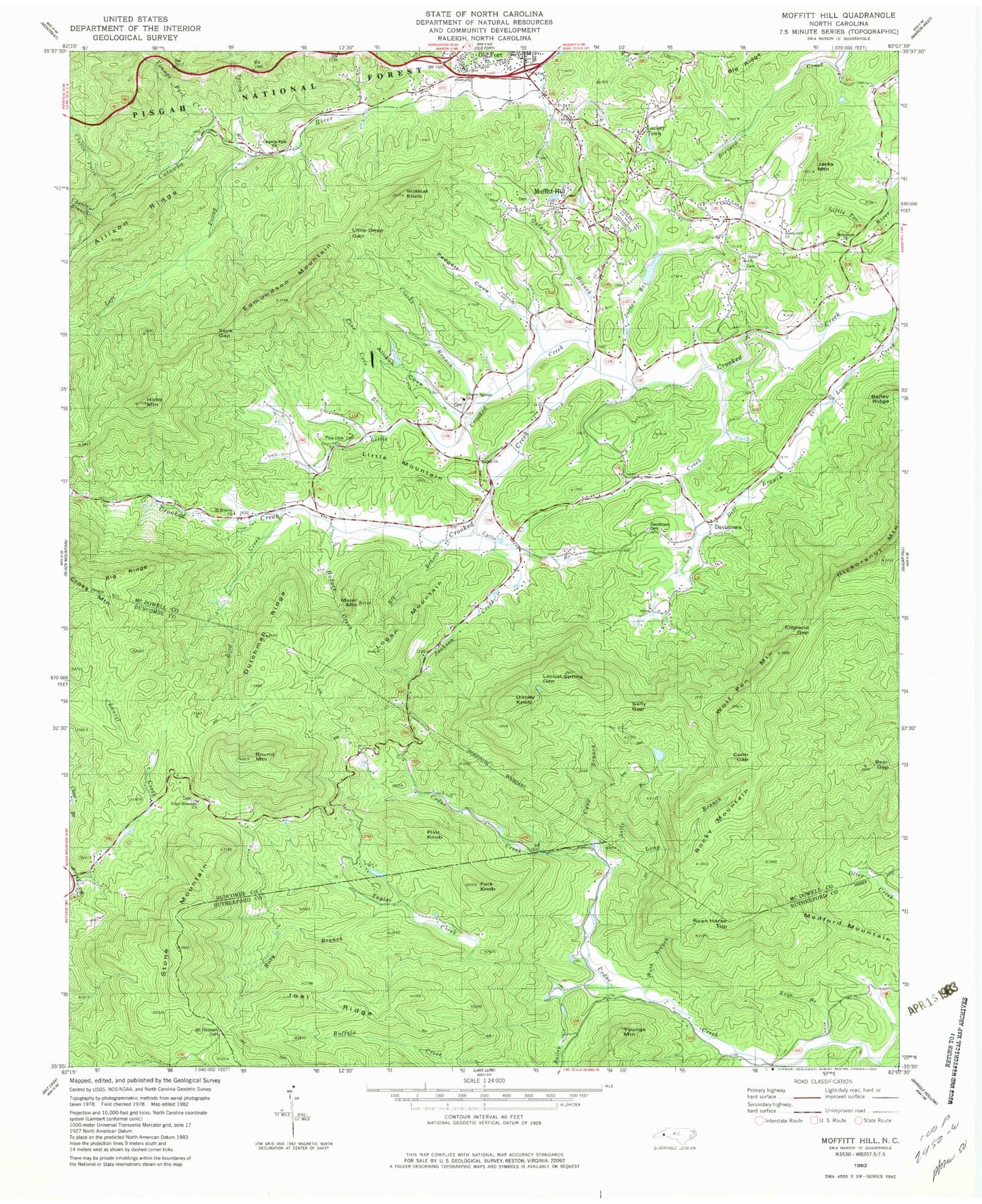 Classic USGS Moffitt Hill North Carolina 7.5'x7.5' Topo Map Image