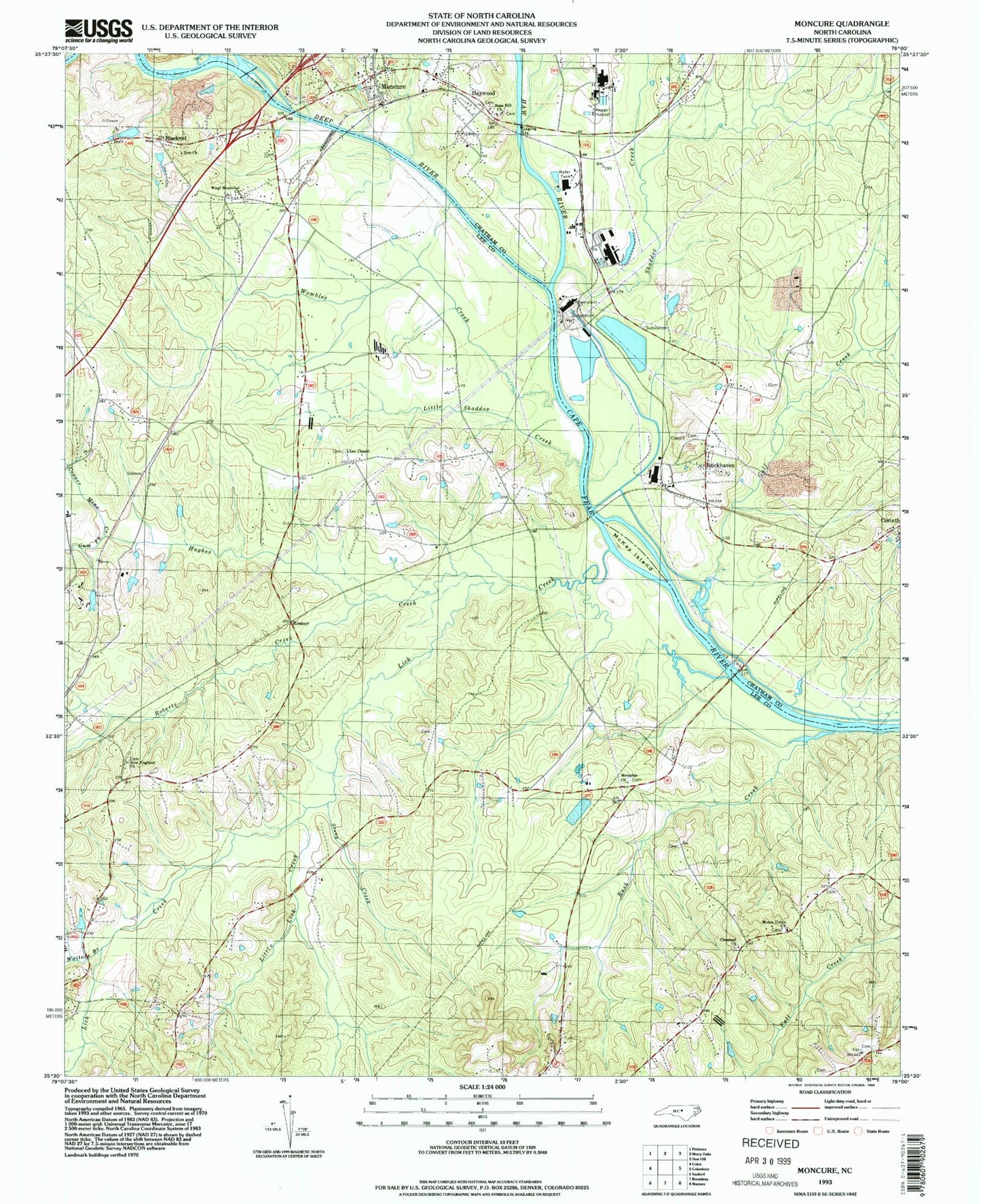 Classic USGS Moncure North Carolina 7.5'x7.5' Topo Map Image