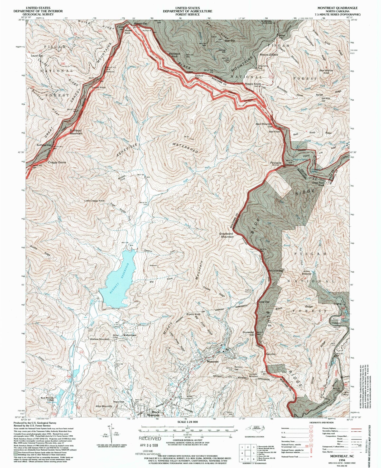 Classic USGS Montreat North Carolina 7.5'x7.5' Topo Map Image
