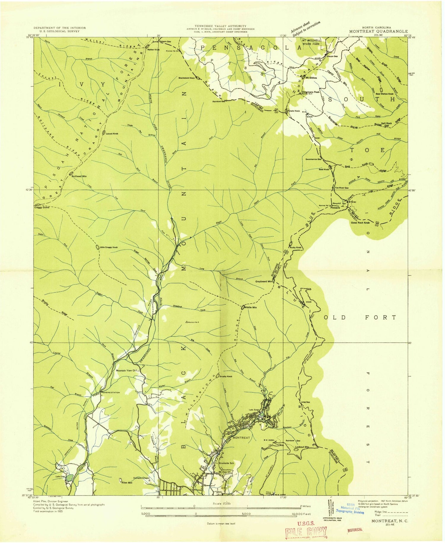 Classic USGS Montreat North Carolina 7.5'x7.5' Topo Map Image