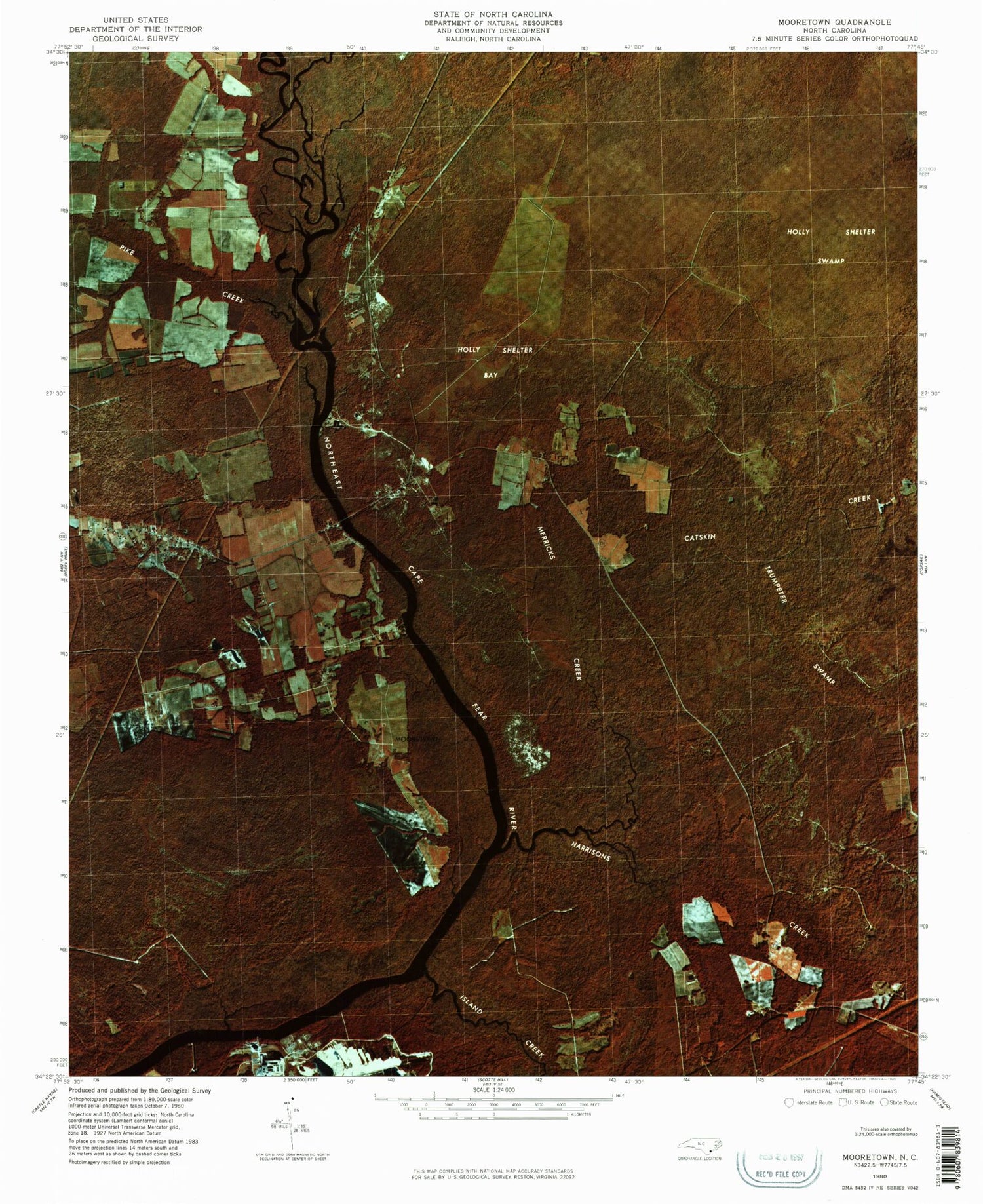 Classic USGS Mooretown North Carolina 7.5'x7.5' Topo Map Image