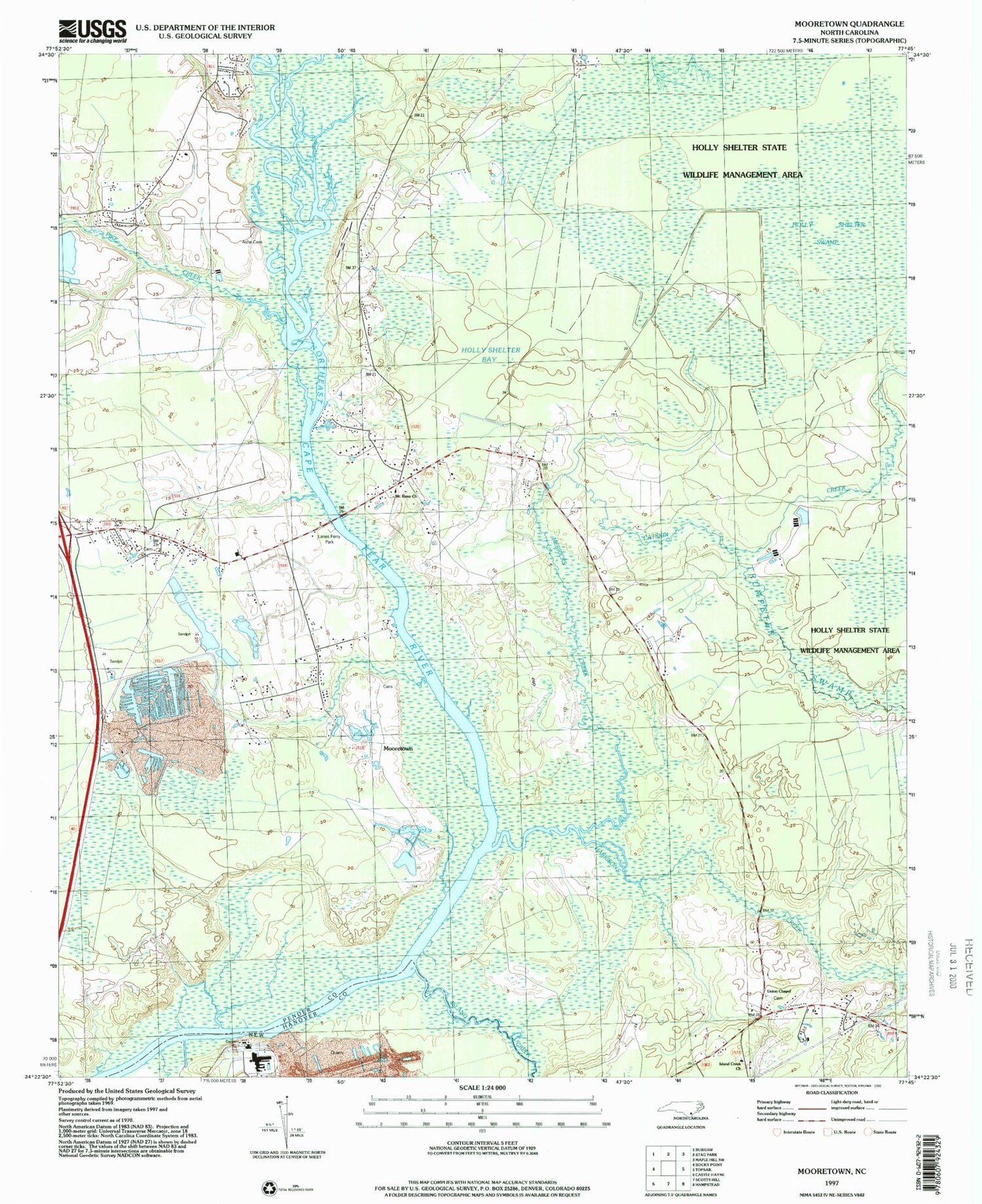Classic USGS Mooretown North Carolina 7.5'x7.5' Topo Map Image