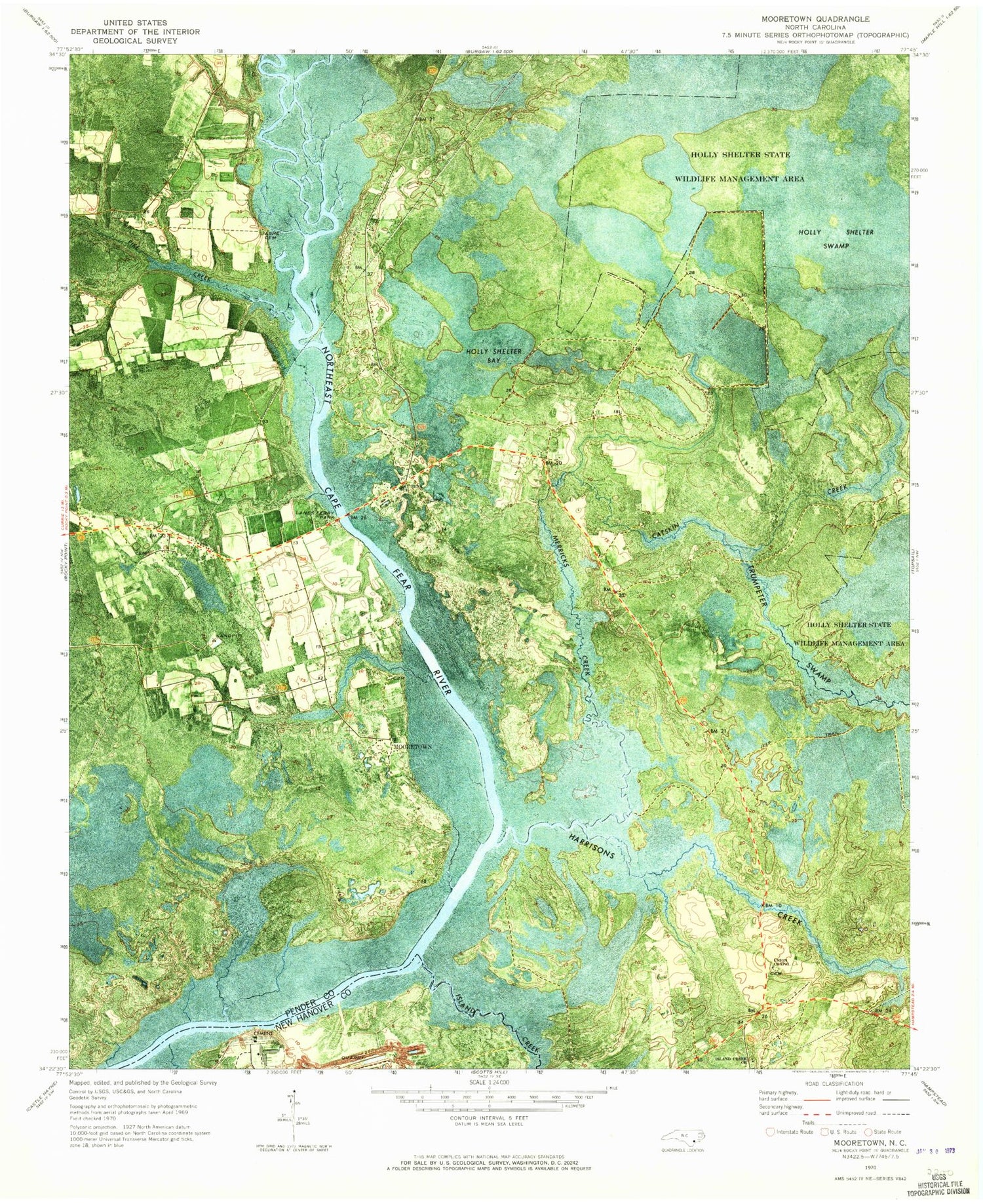 Classic USGS Mooretown North Carolina 7.5'x7.5' Topo Map Image