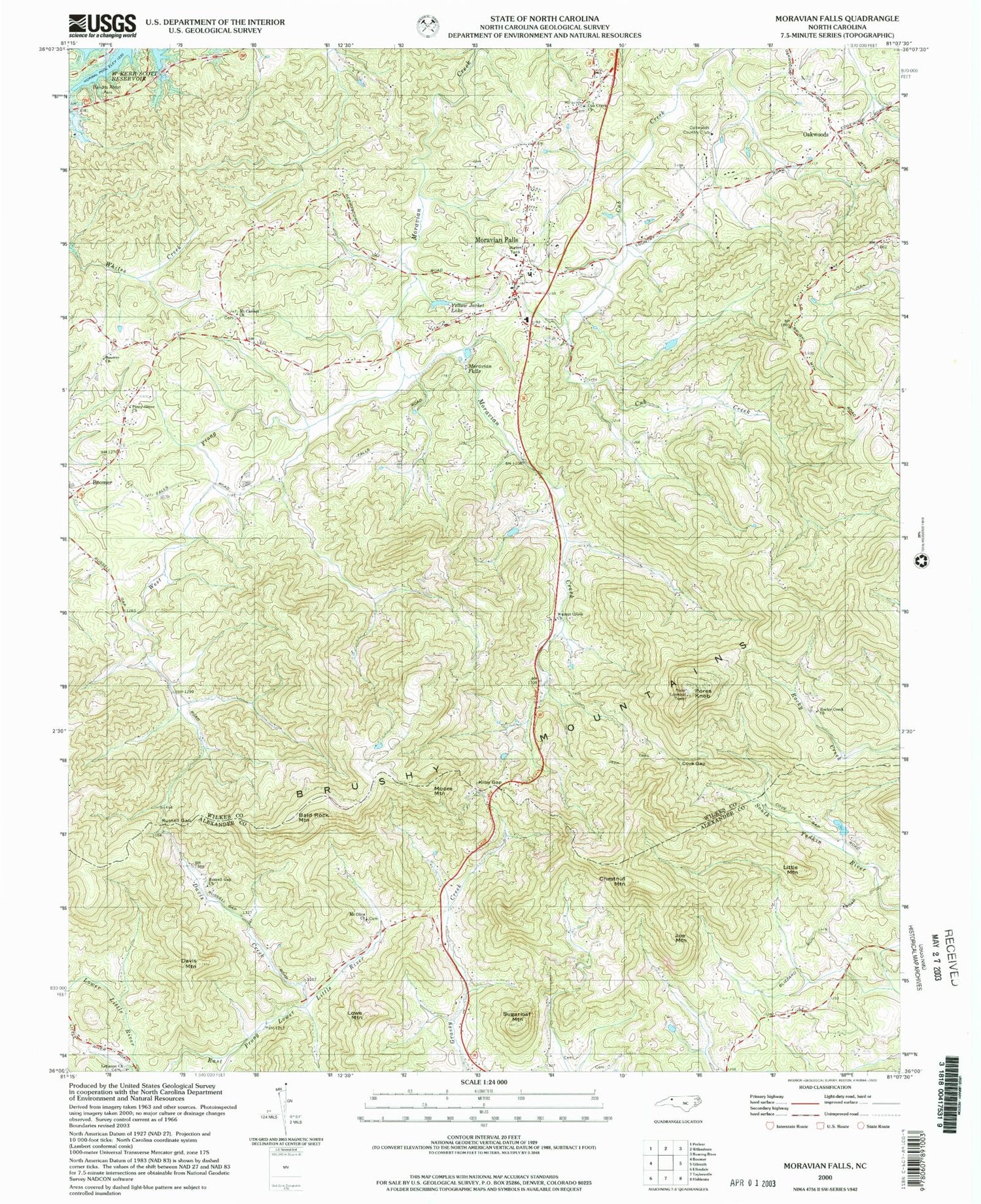 Classic USGS Moravian Falls North Carolina 7.5'x7.5' Topo Map Image