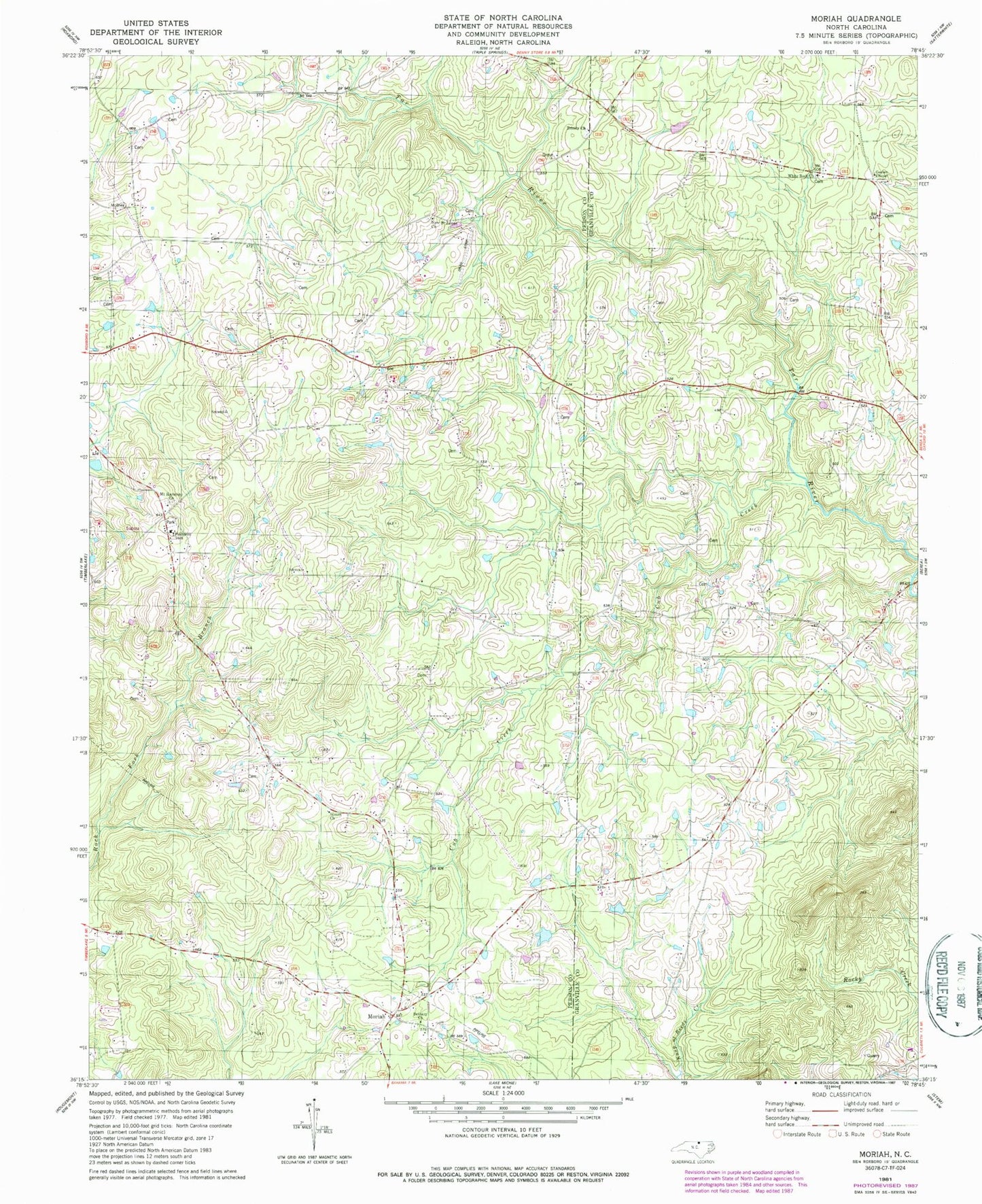 Classic USGS Moriah North Carolina 7.5'x7.5' Topo Map Image