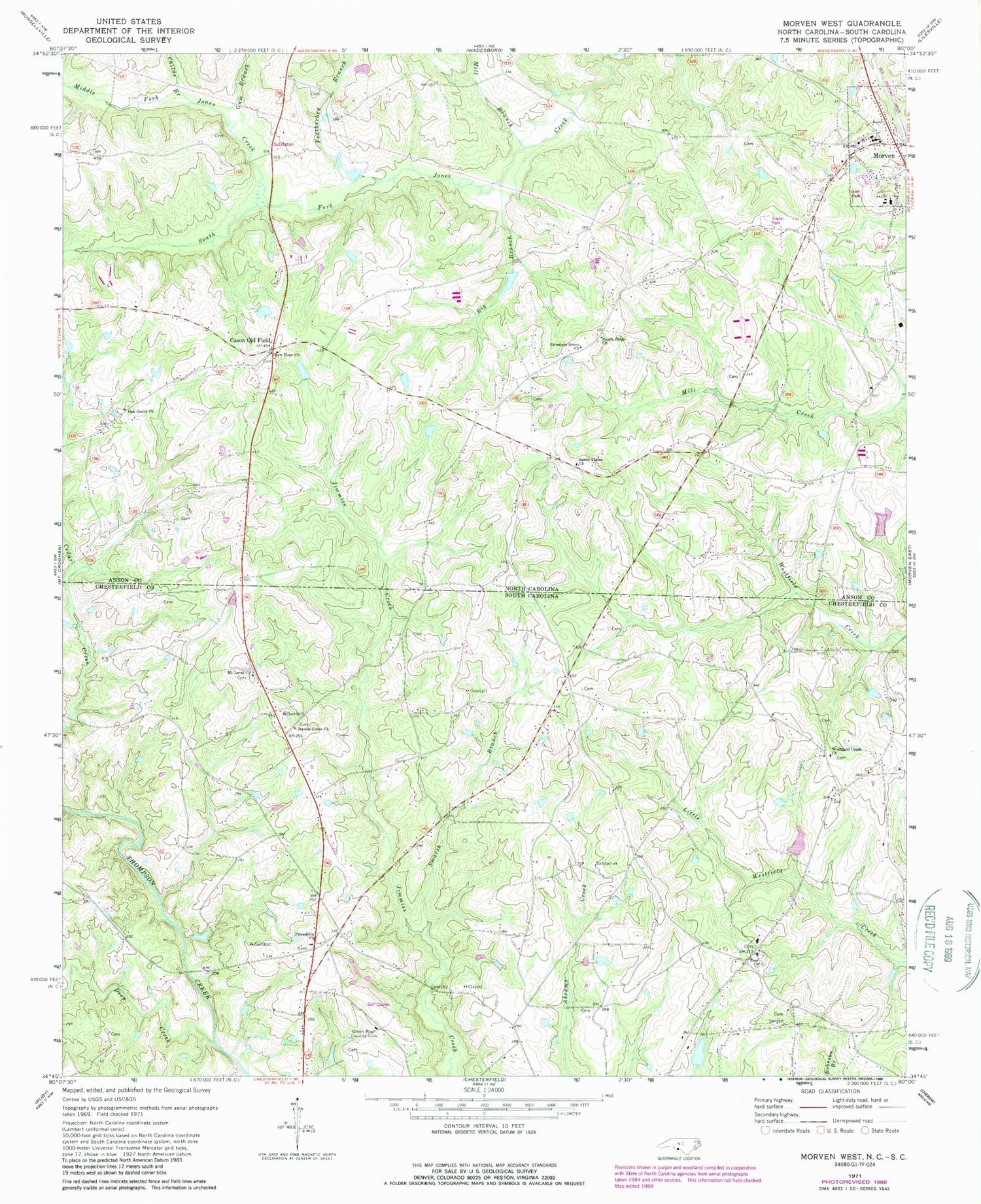 Classic USGS Morven West North Carolina 7.5'x7.5' Topo Map Image