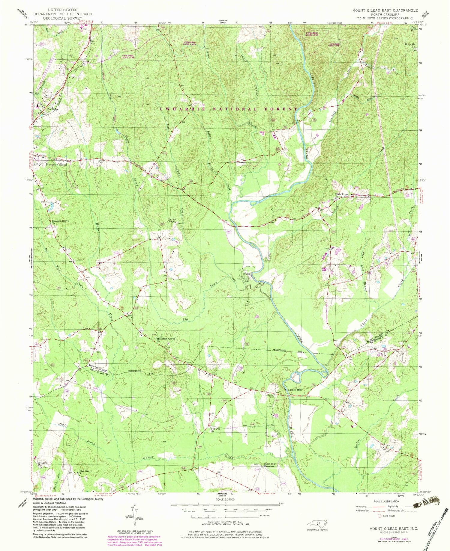 Classic USGS Mount Gilead East North Carolina 7.5'x7.5' Topo Map Image
