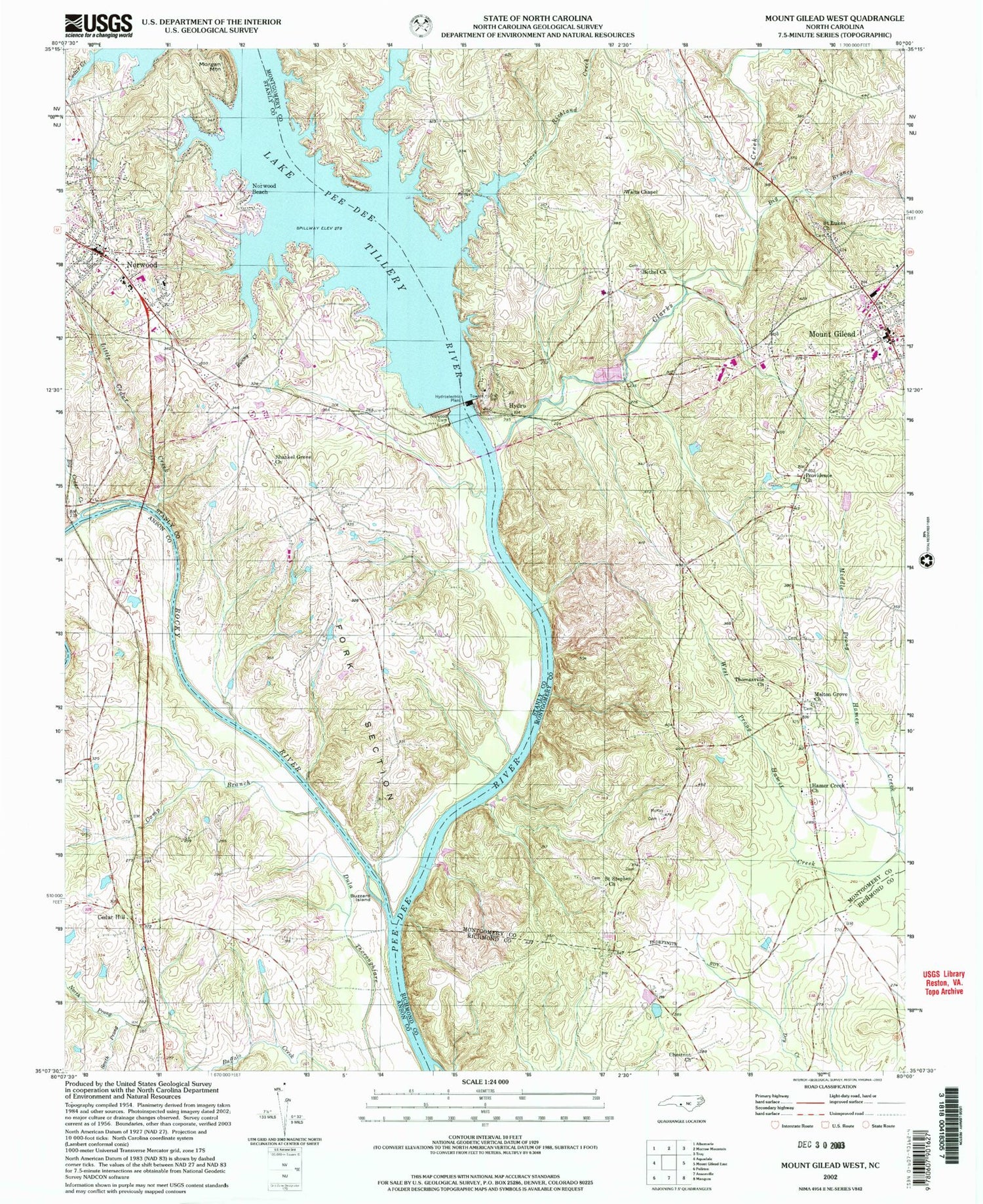 Classic USGS Mount Gilead West North Carolina 7.5'x7.5' Topo Map Image