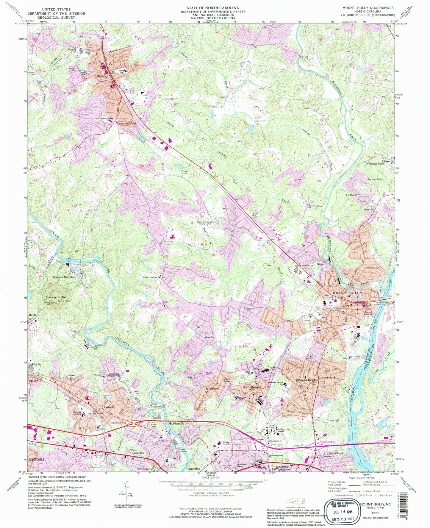 Classic USGS Mount Holly North Carolina 7.5'x7.5' Topo Map Image