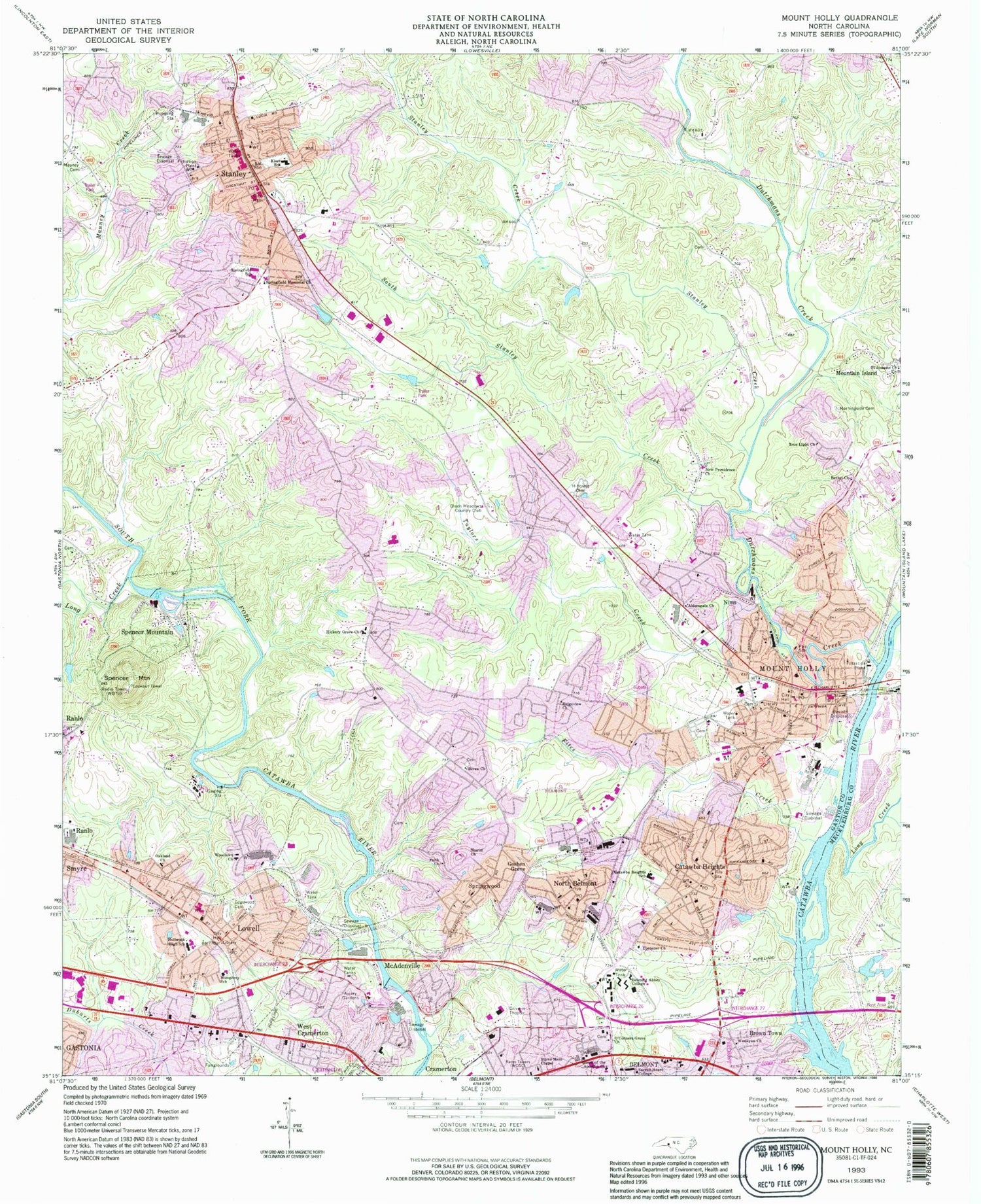 Classic USGS Mount Holly North Carolina 7.5'x7.5' Topo Map Image