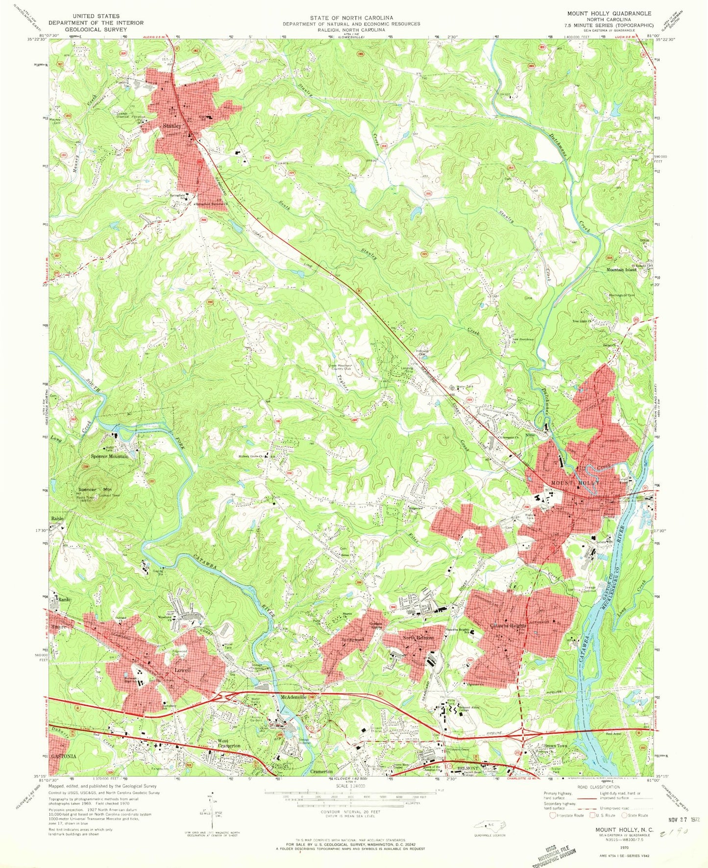 Classic USGS Mount Holly North Carolina 7.5'x7.5' Topo Map Image