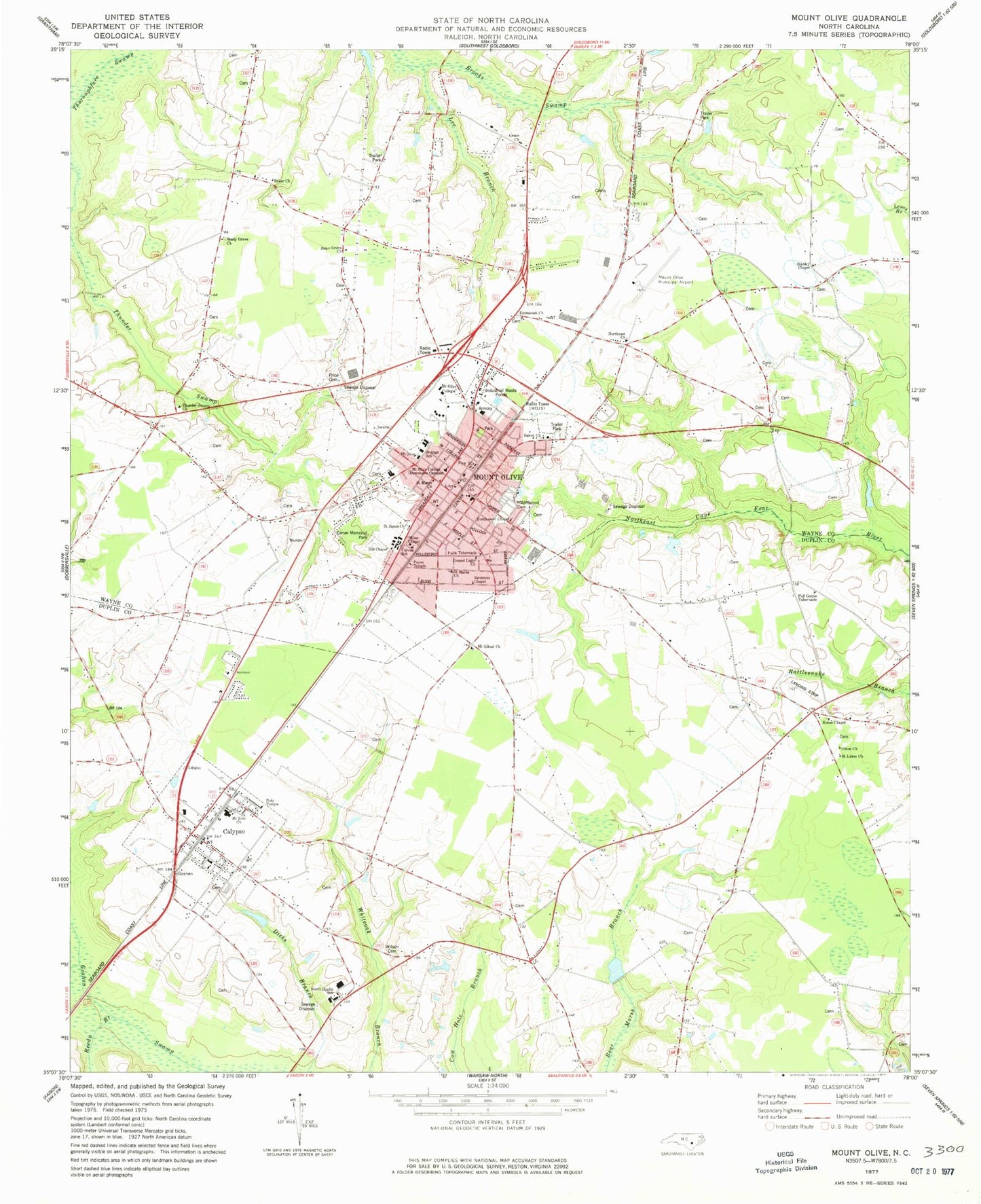 Classic USGS Mount Olive North Carolina 7.5'x7.5' Topo Map Image