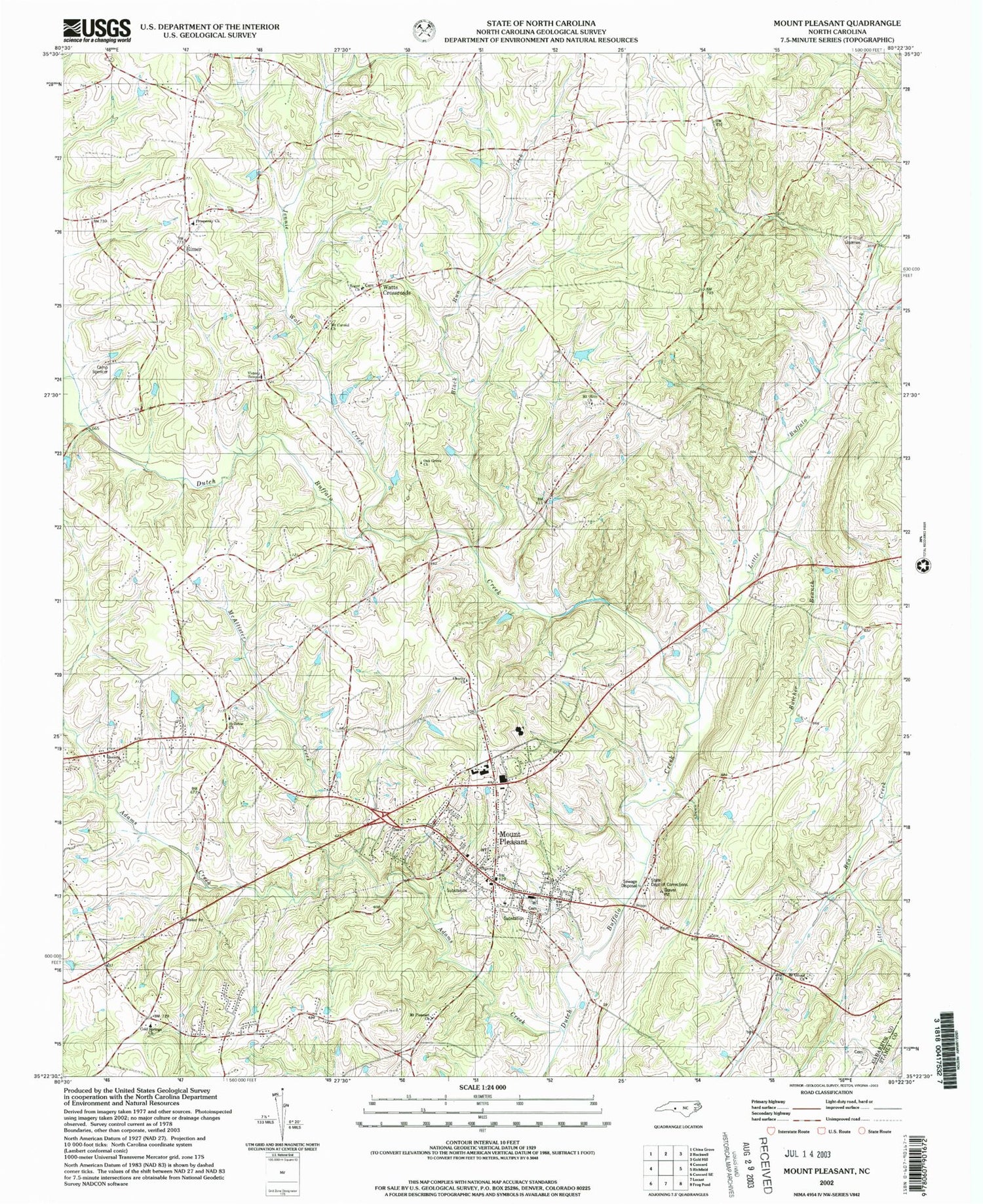 Classic USGS Mount Pleasant North Carolina 7.5'x7.5' Topo Map Image