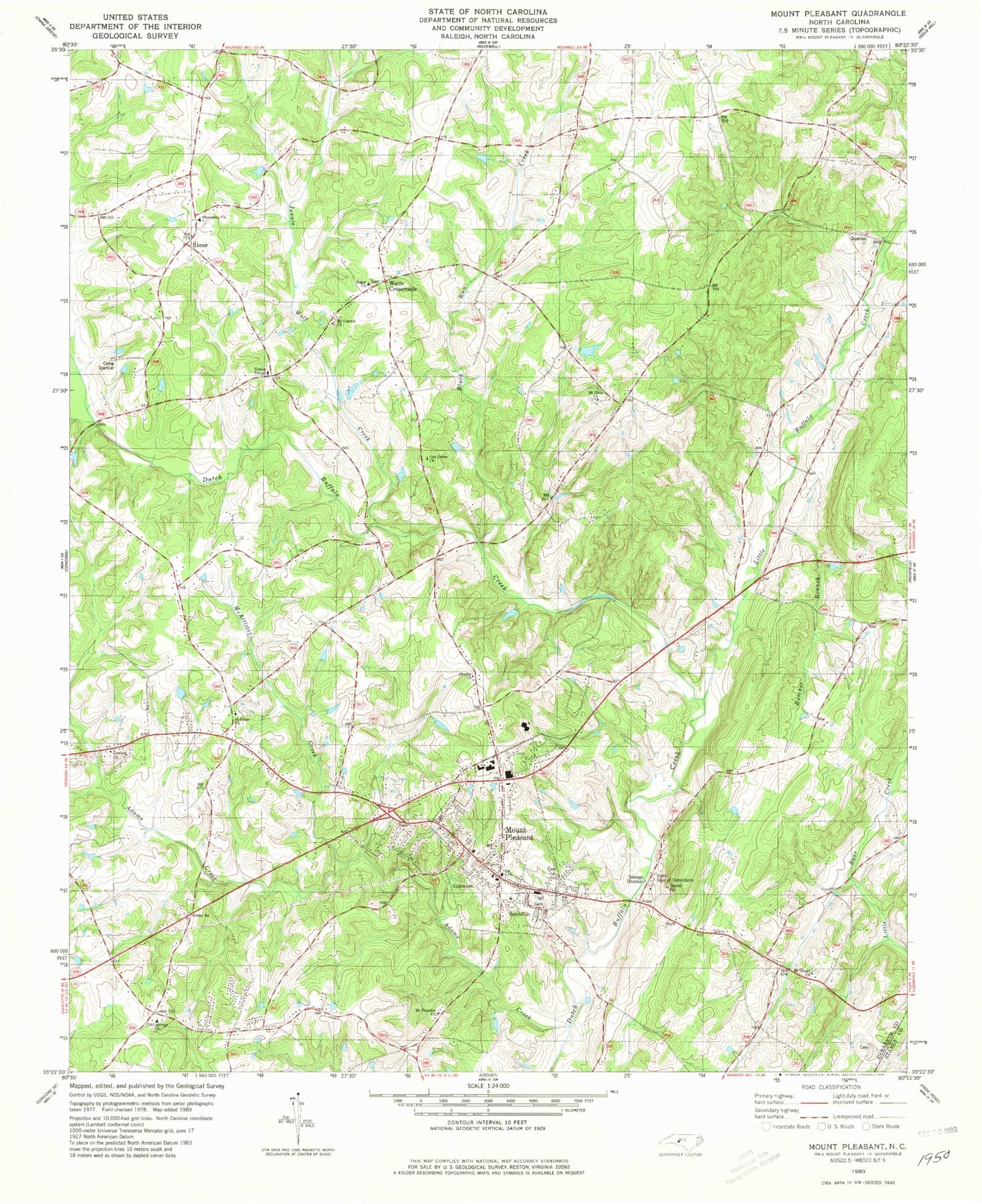 Classic USGS Mount Pleasant North Carolina 7.5'x7.5' Topo Map Image