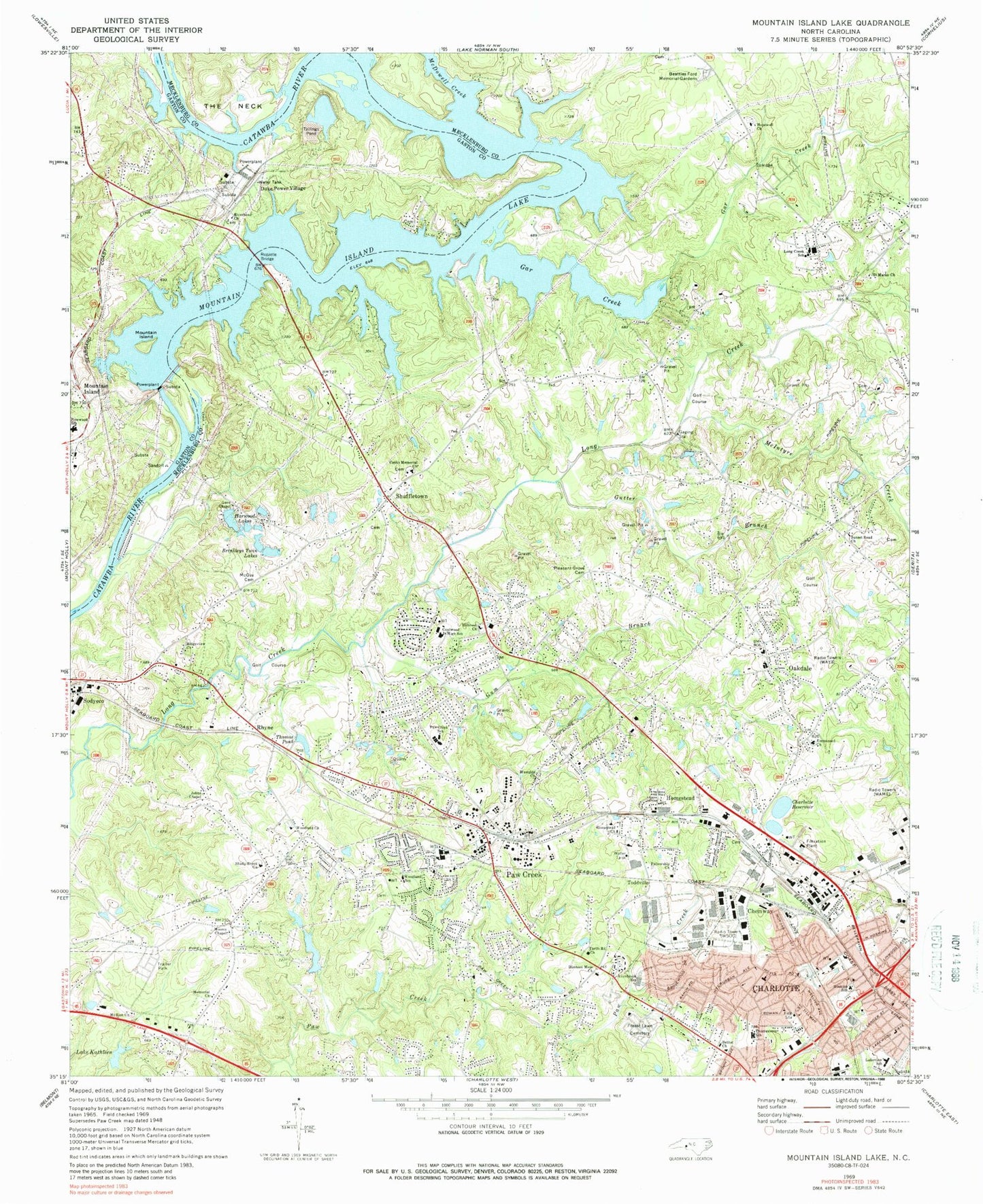 Classic USGS Mountain Island Lake North Carolina 7.5'x7.5' Topo Map Image