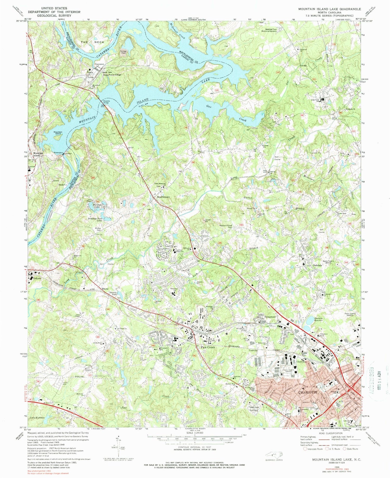 Classic USGS Mountain Island Lake North Carolina 7.5'x7.5' Topo Map Image