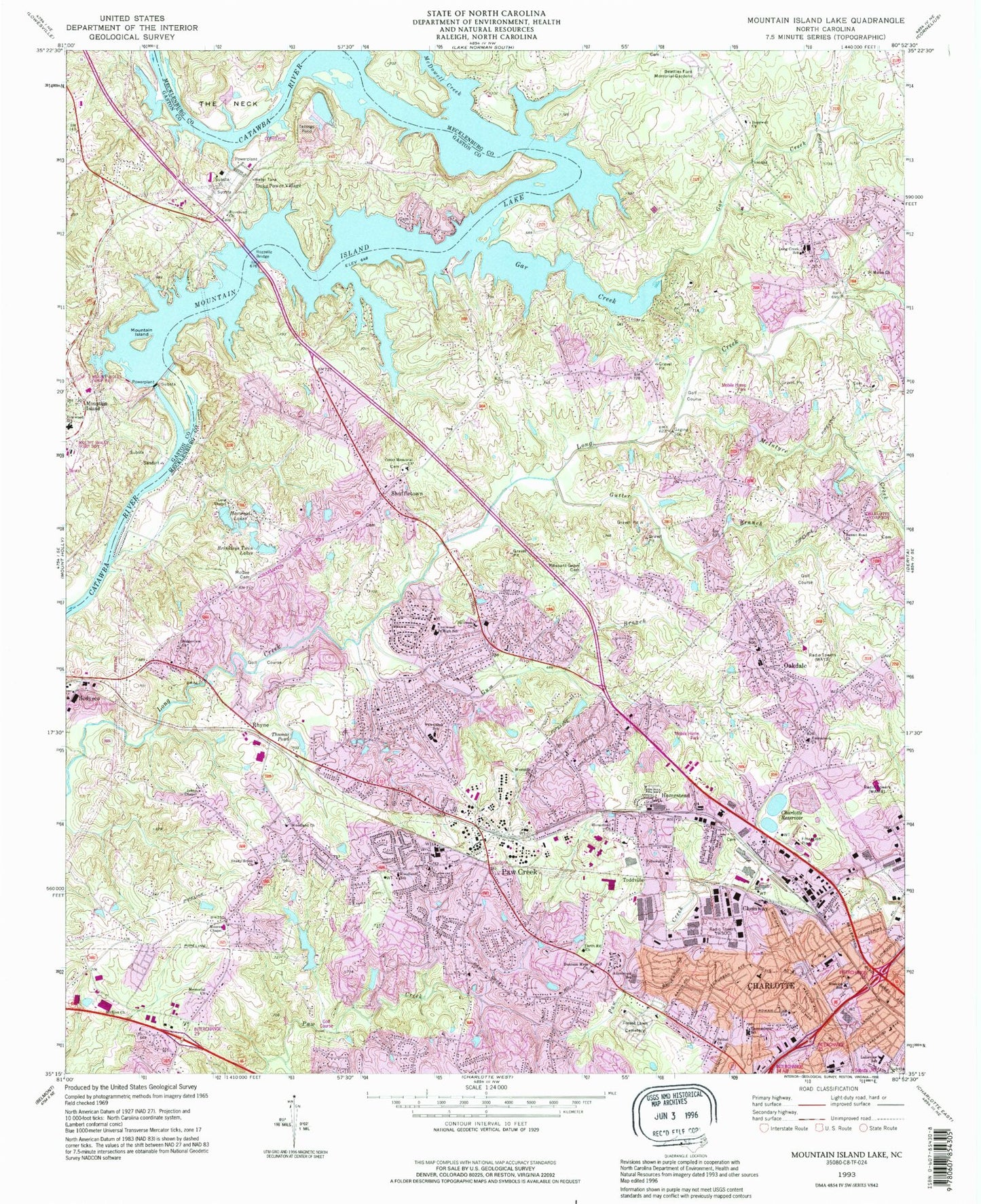 Classic USGS Mountain Island Lake North Carolina 7.5'x7.5' Topo Map Image