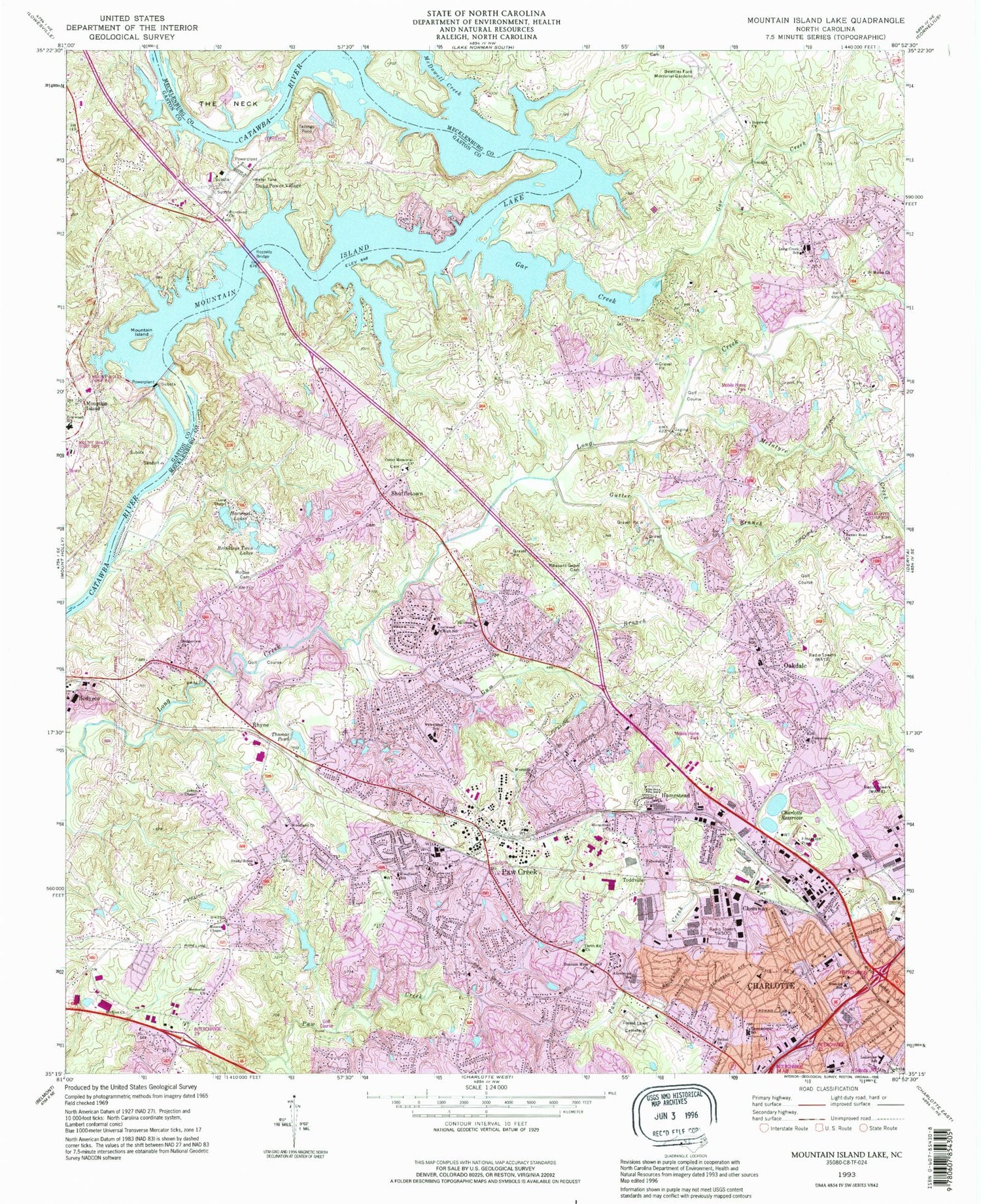 Classic USGS Mountain Island Lake North Carolina 7.5'x7.5' Topo Map Image