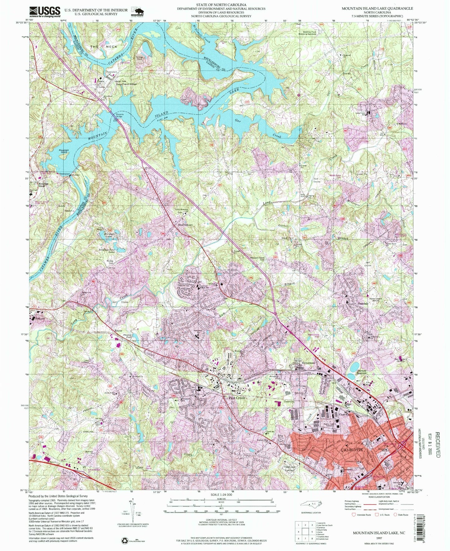 Classic USGS Mountain Island Lake North Carolina 7.5'x7.5' Topo Map Image