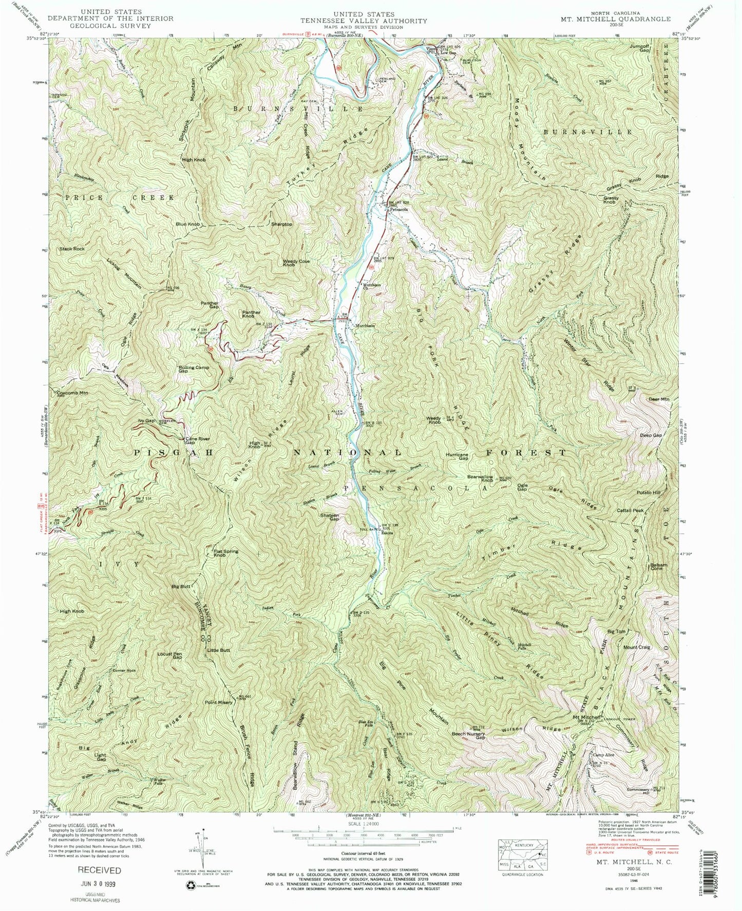 Classic USGS Mount Mitchell North Carolina 7.5'x7.5' Topo Map Image