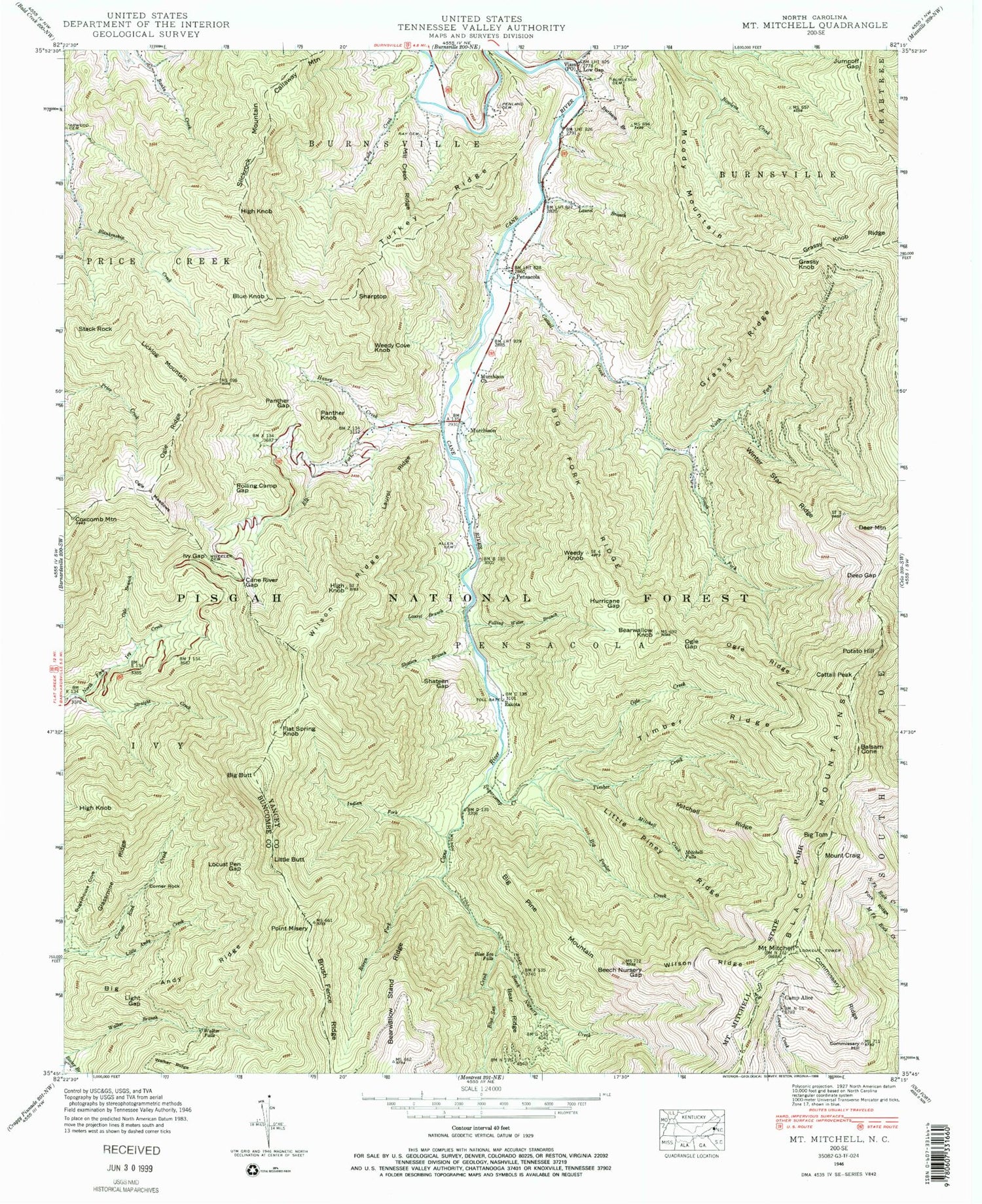 Classic USGS Mount Mitchell North Carolina 7.5'x7.5' Topo Map Image