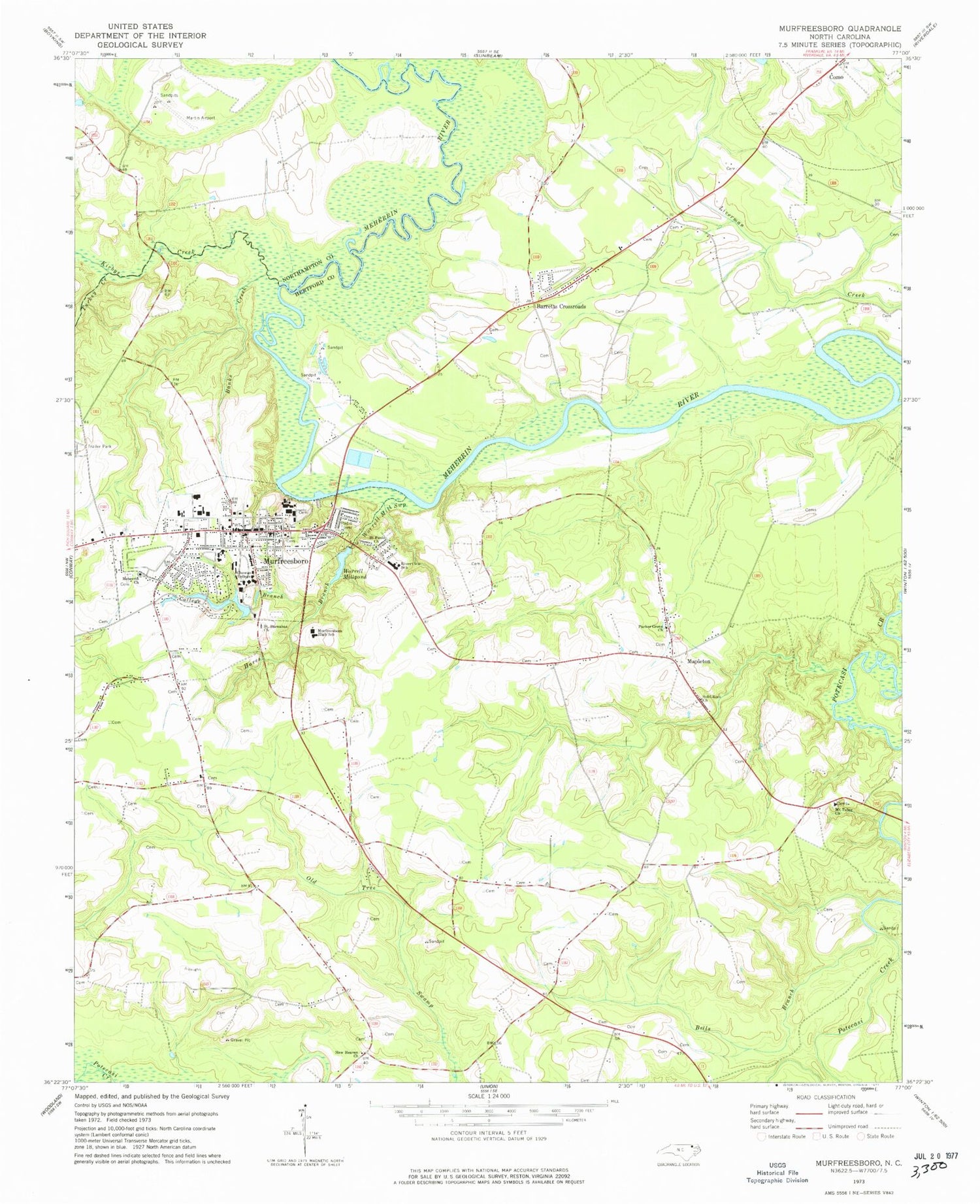 Classic USGS Murfreesboro North Carolina 7.5'x7.5' Topo Map Image