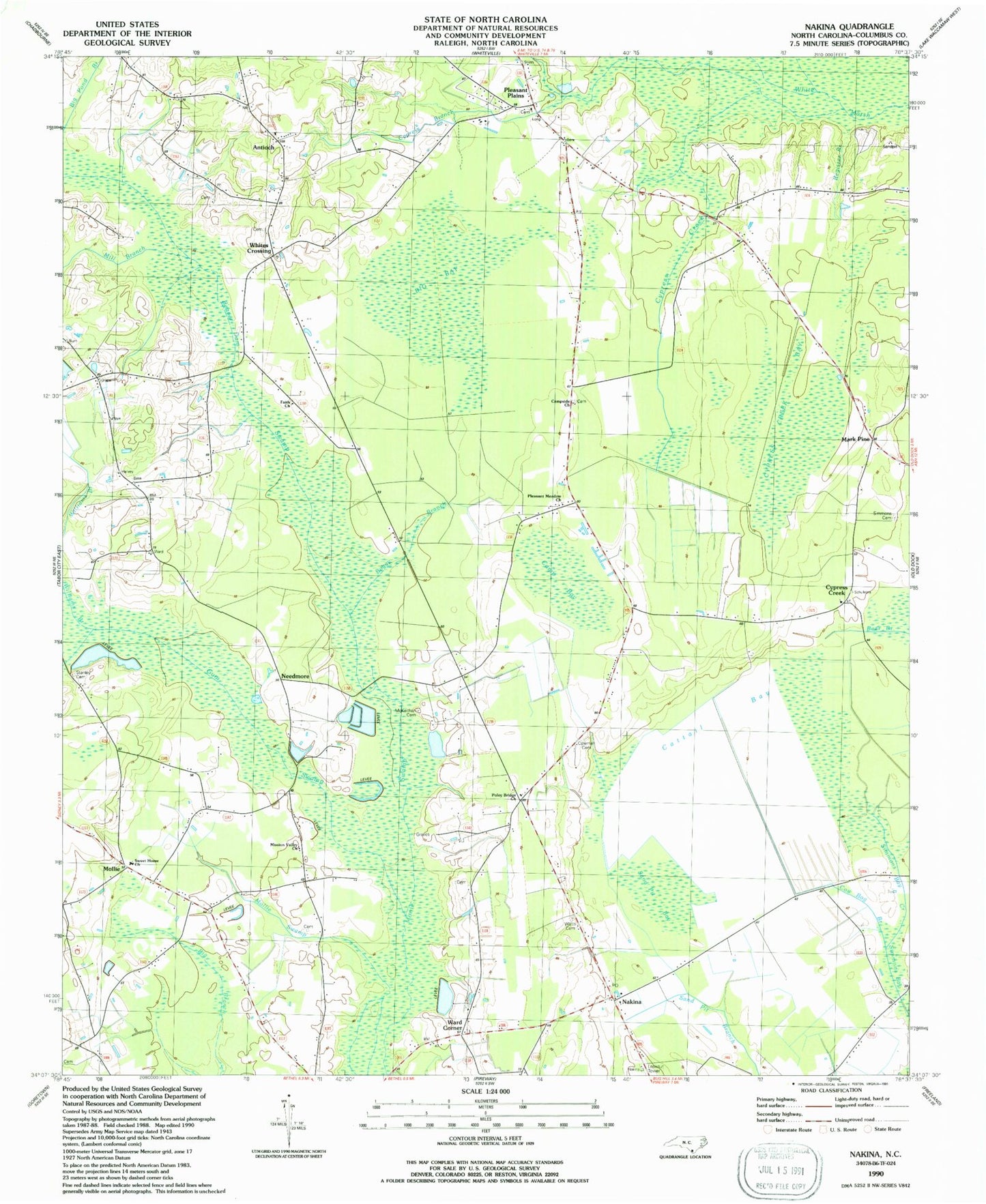 Classic USGS Nakina North Carolina 7.5'x7.5' Topo Map Image