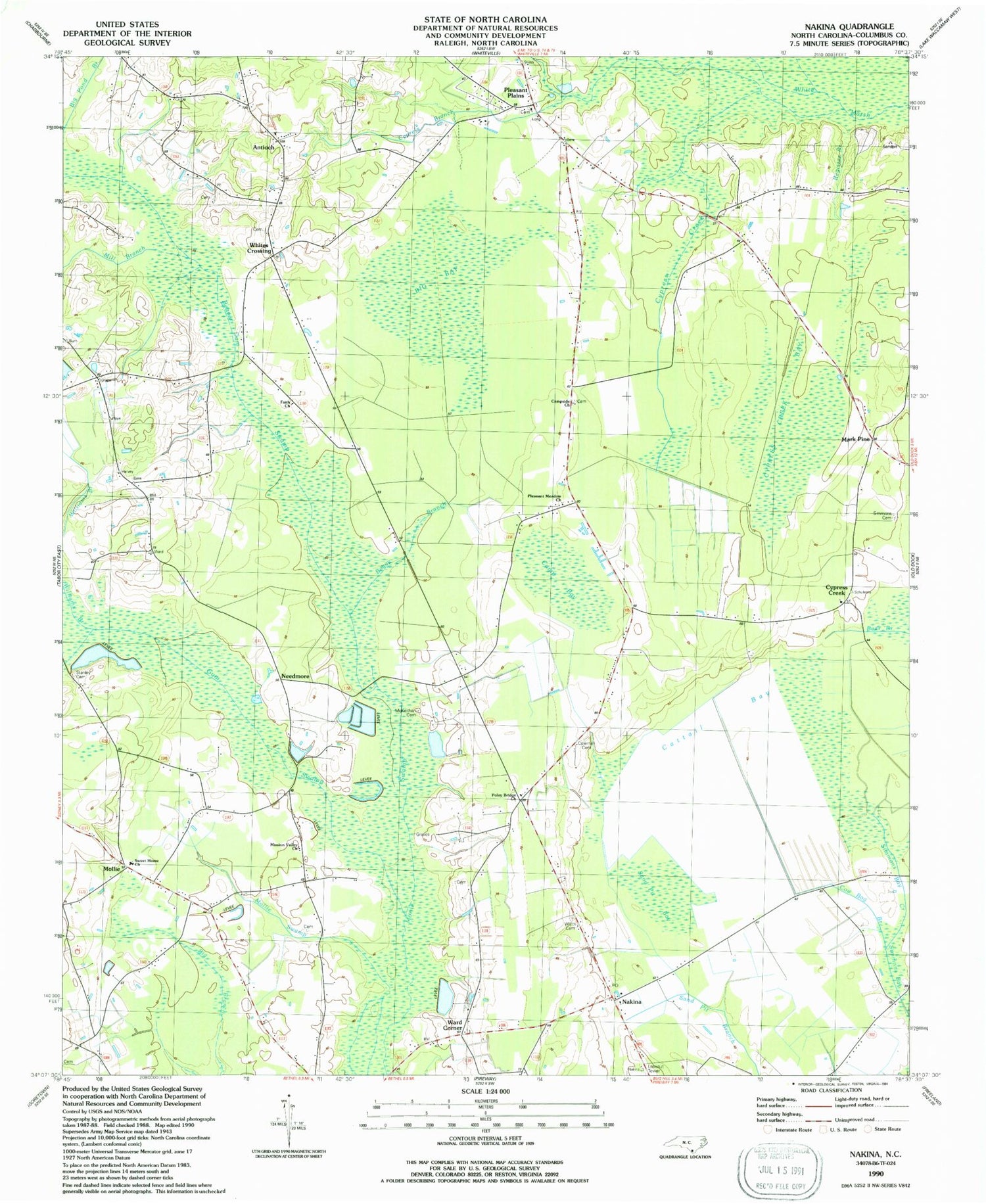 Classic USGS Nakina North Carolina 7.5'x7.5' Topo Map Image