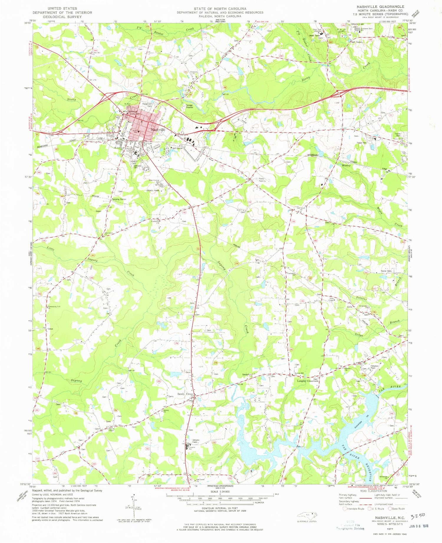 Classic USGS Nashville North Carolina 7.5'x7.5' Topo Map Image