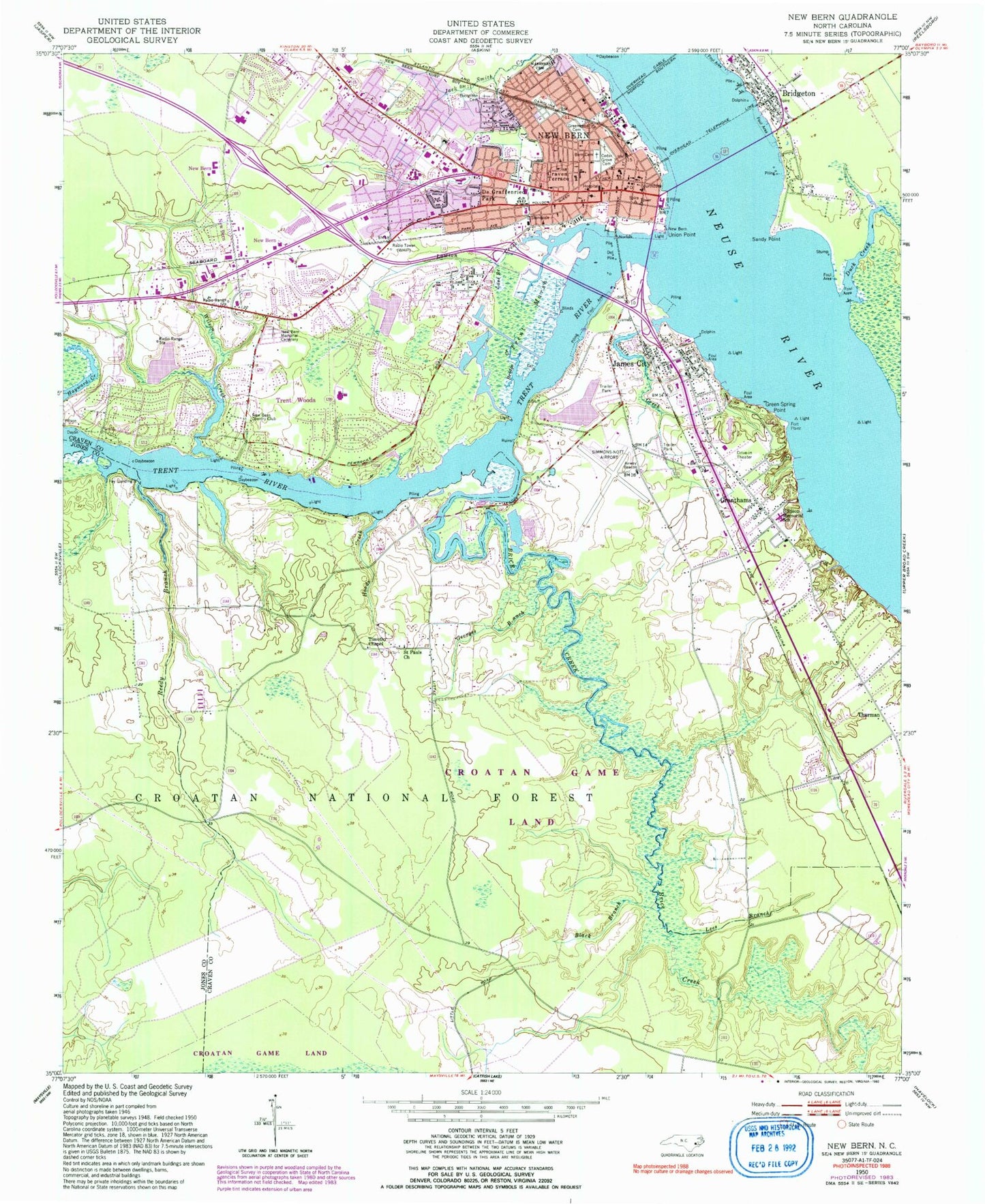 Classic USGS New Bern North Carolina 7.5'x7.5' Topo Map Image