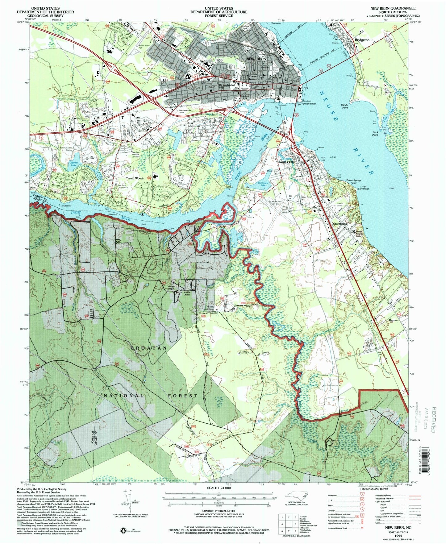 Classic USGS New Bern North Carolina 7.5'x7.5' Topo Map Image