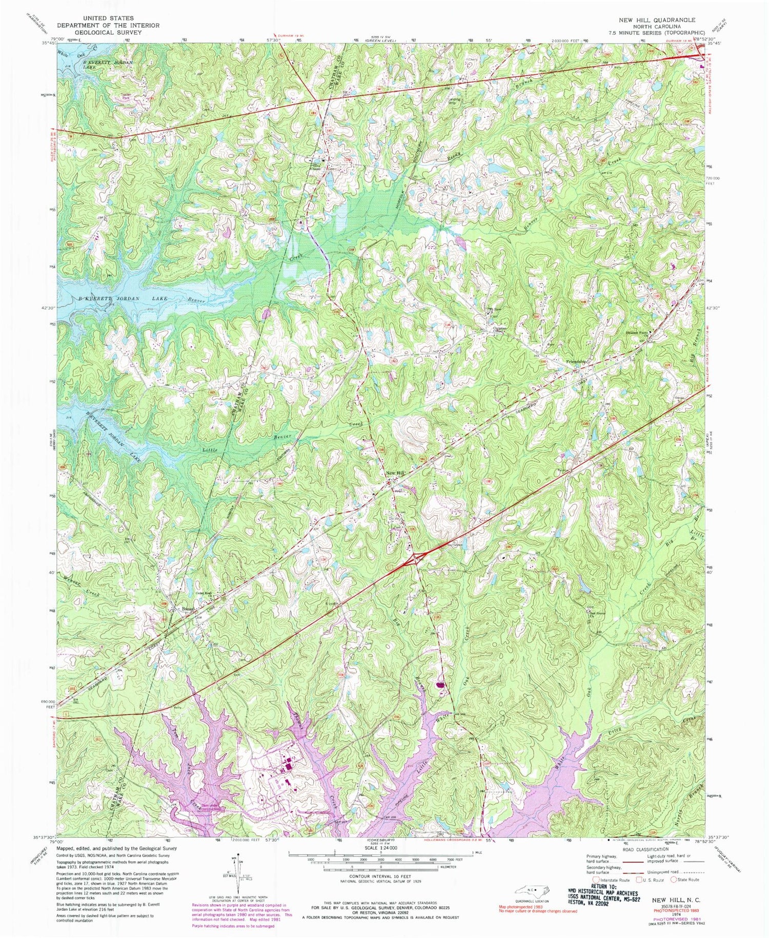 Classic USGS New Hill North Carolina 7.5'x7.5' Topo Map Image