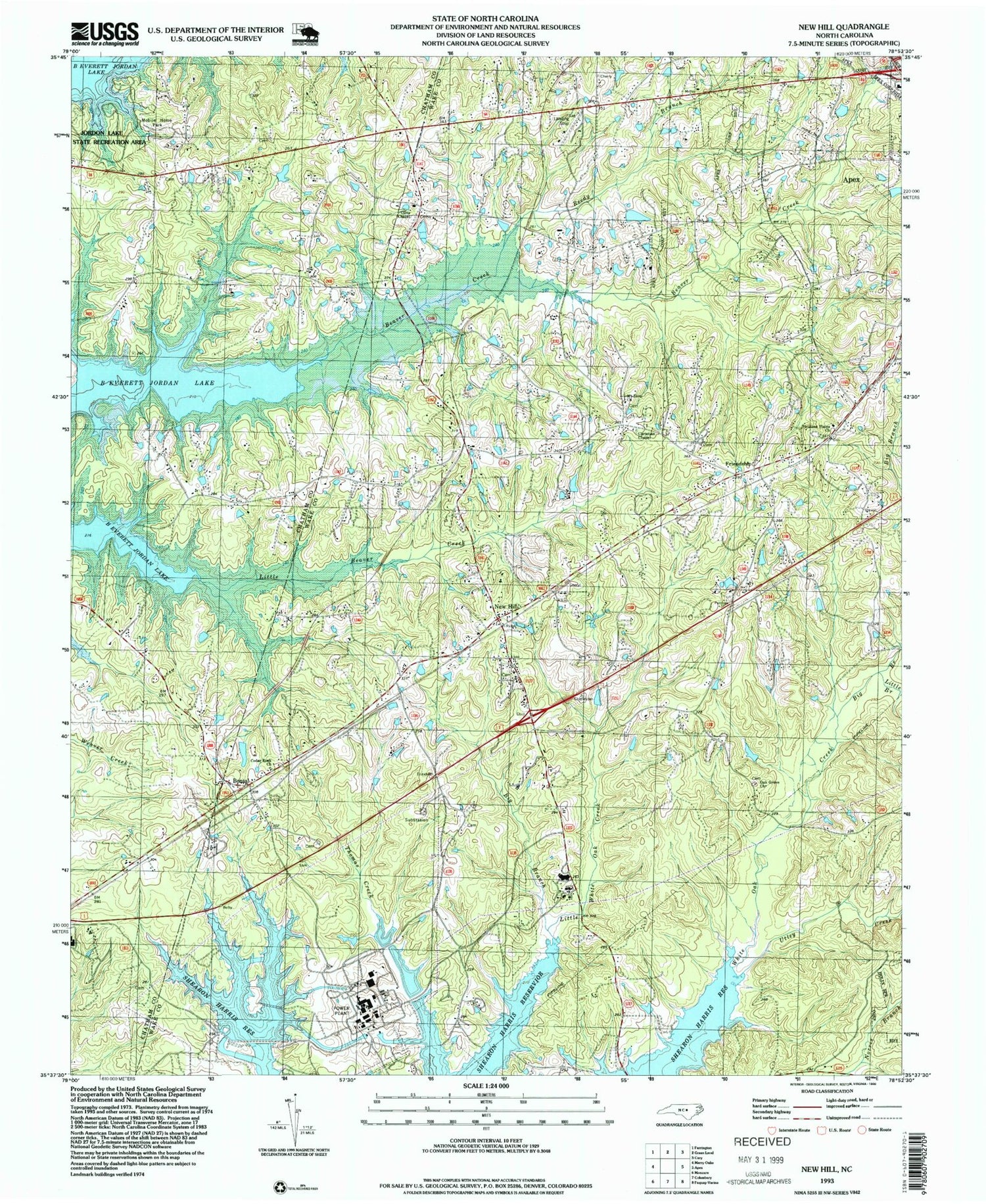Classic USGS New Hill North Carolina 7.5'x7.5' Topo Map Image