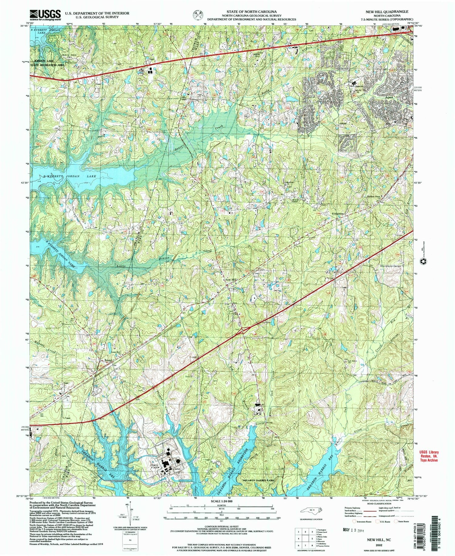 Classic USGS New Hill North Carolina 7.5'x7.5' Topo Map Image