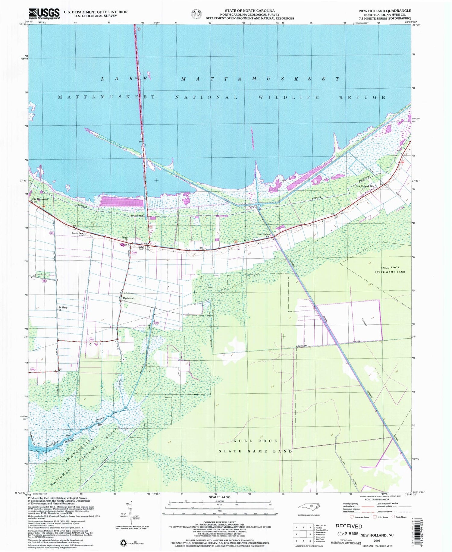 Classic USGS New Holland North Carolina 7.5'x7.5' Topo Map Image