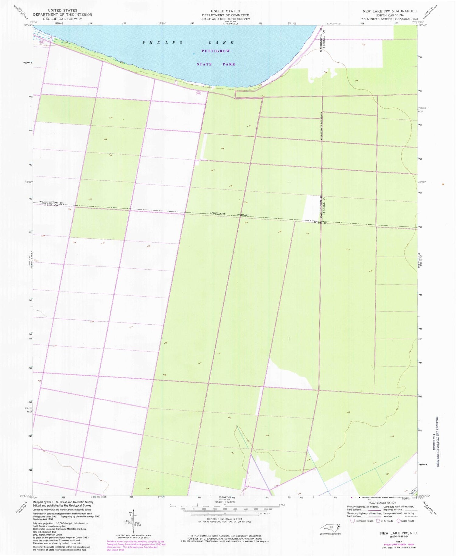Classic USGS New Lake NW North Carolina 7.5'x7.5' Topo Map Image