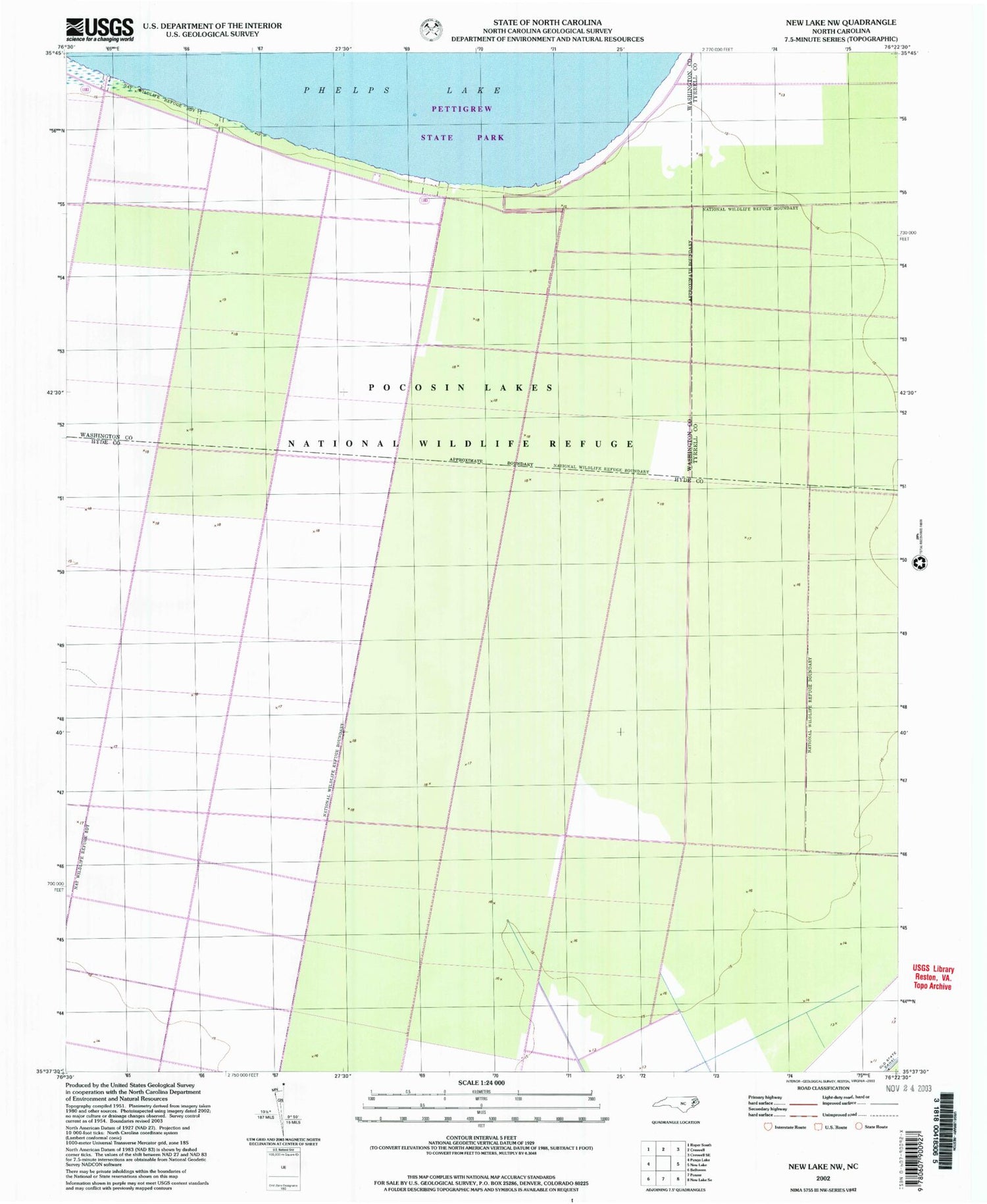Classic USGS New Lake NW North Carolina 7.5'x7.5' Topo Map Image