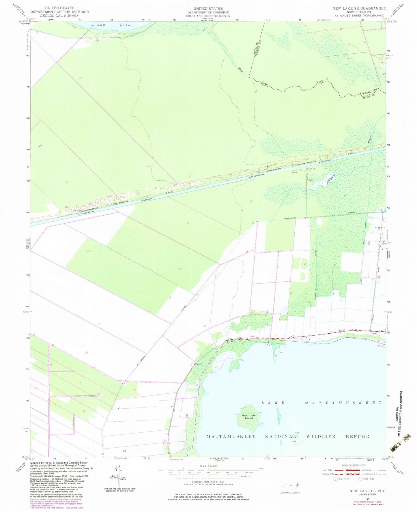 Classic USGS New Lake SE North Carolina 7.5'x7.5' Topo Map Image