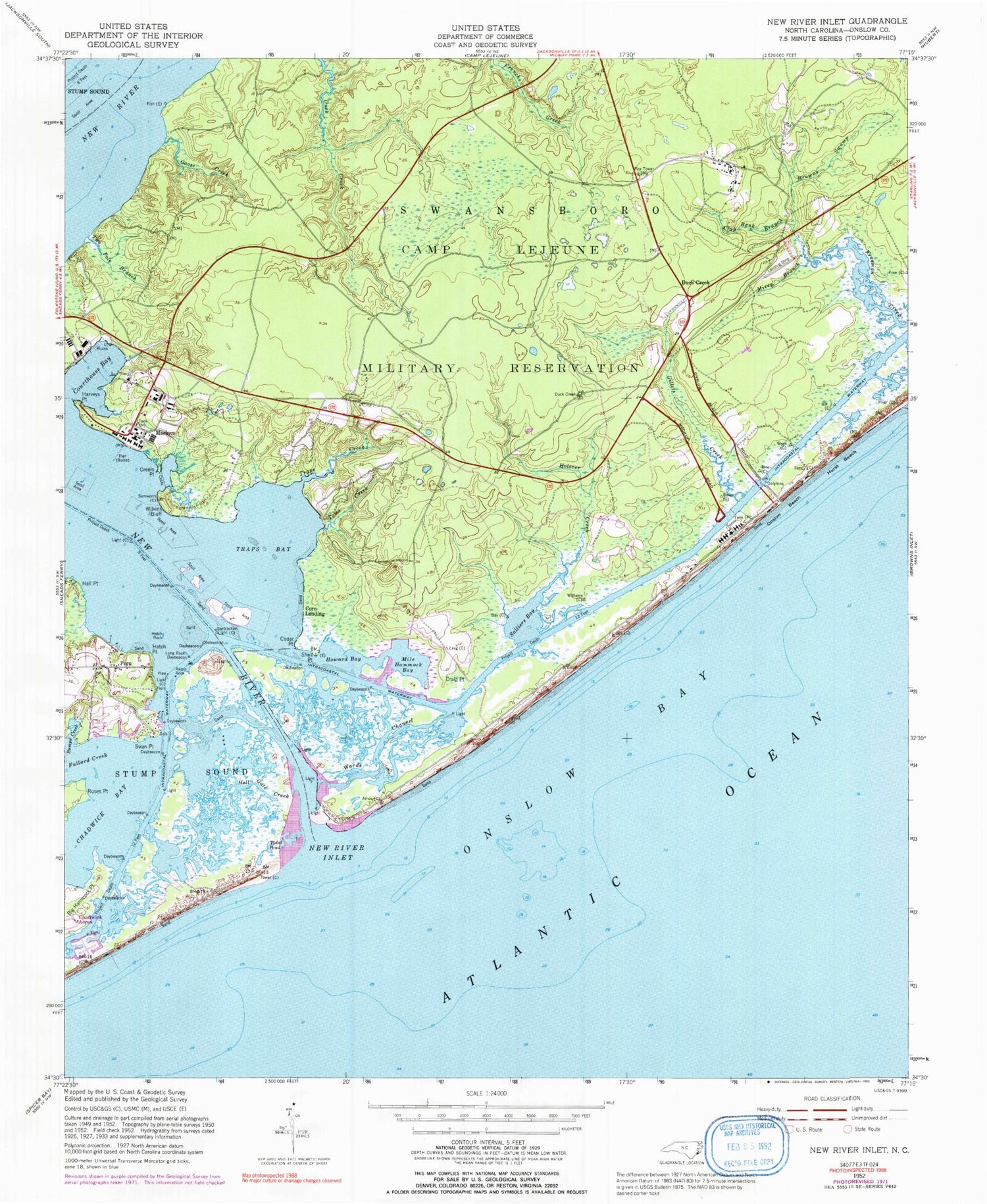 Classic USGS New River Inlet North Carolina 7.5'x7.5' Topo Map Image