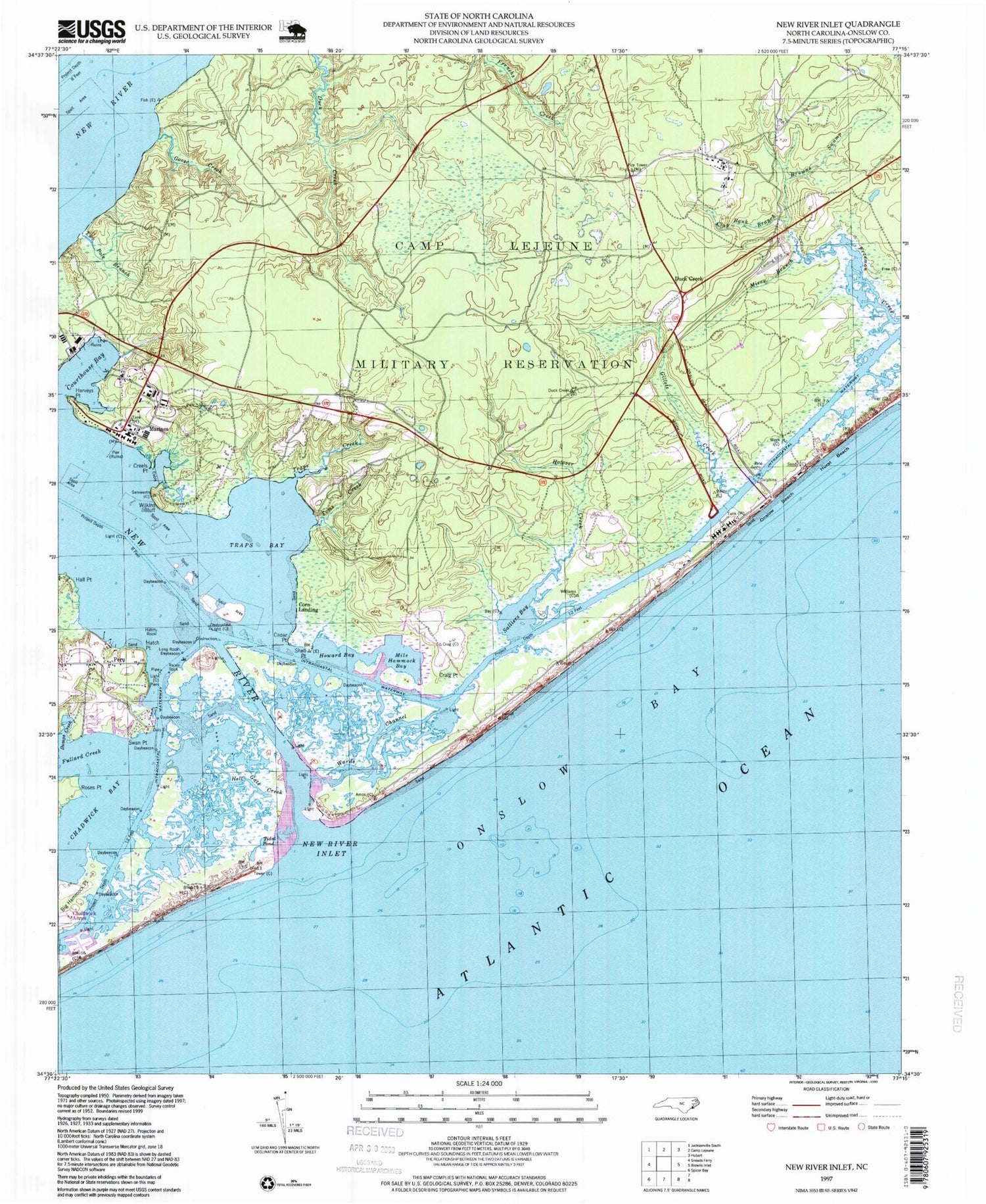 Classic USGS New River Inlet North Carolina 7.5'x7.5' Topo Map Image