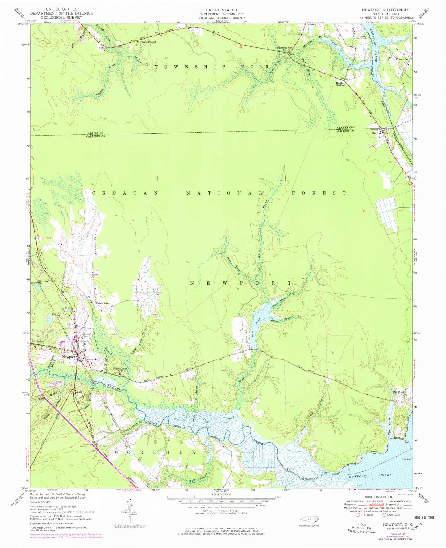 Classic USGS Newport North Carolina 7.5'x7.5' Topo Map Image